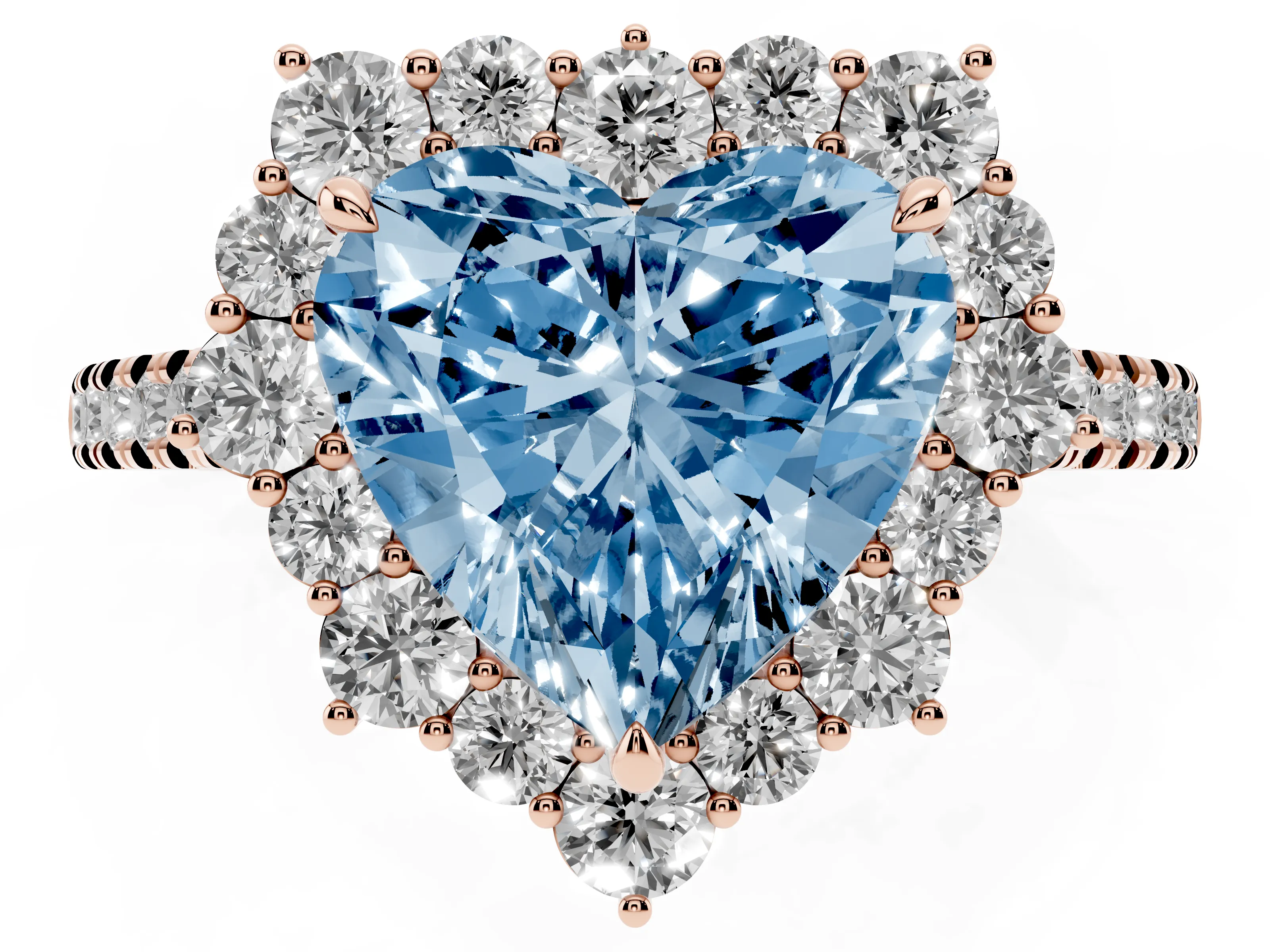 Fancy Blue Heart Cut Diamond Halo Ring Set in Rose gold with Pavé Band and Prong Setting