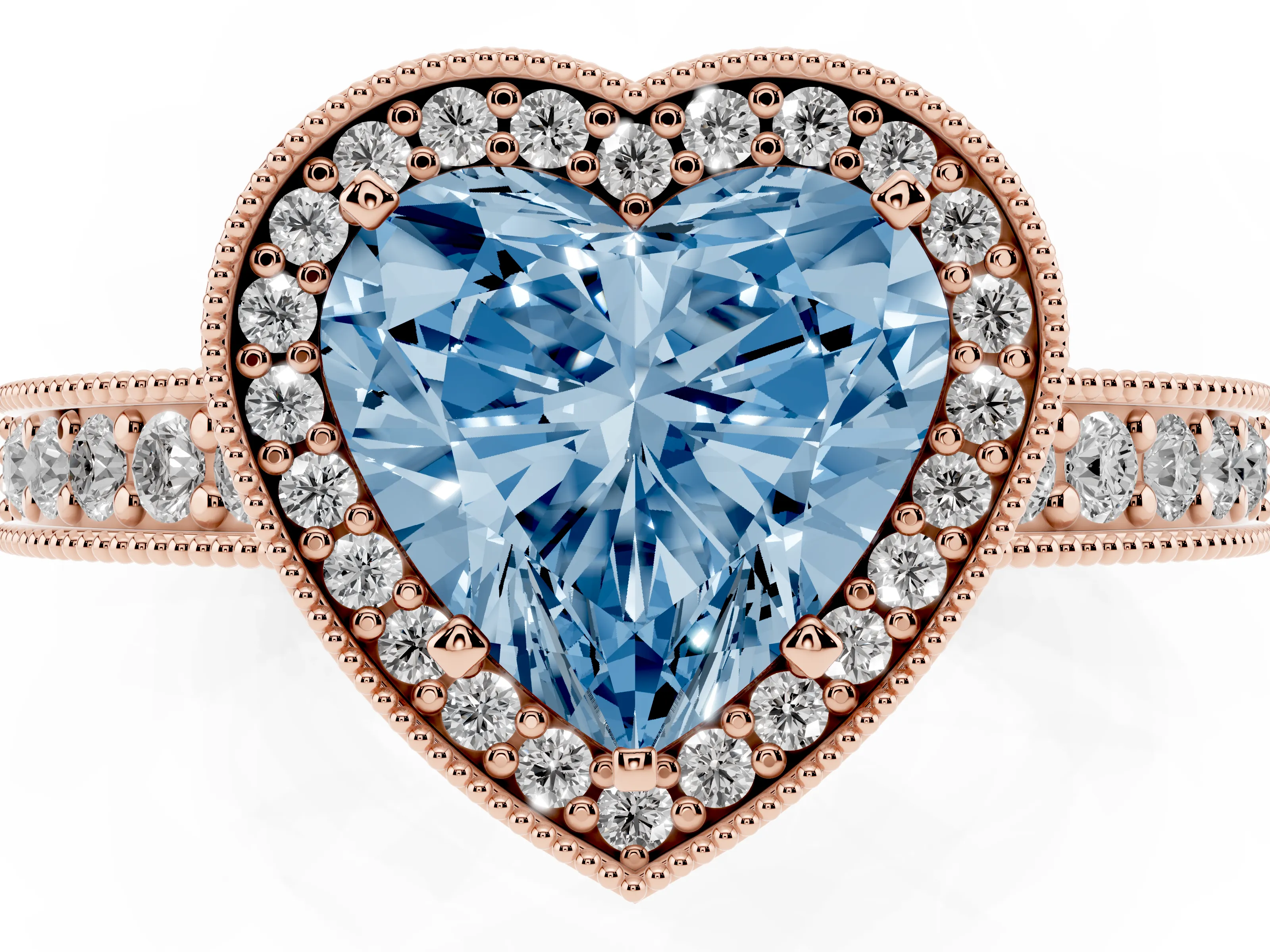 Fancy Blue Heart Cut Diamond Halo Pavé Band Ring Set in Rose gold with Prong-Set Center