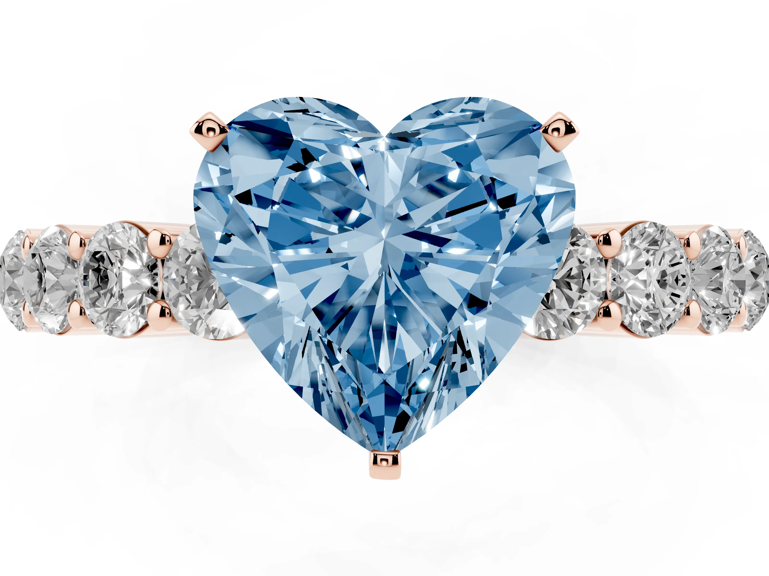 Fancy Blue Heart Cut Diamond Solitaire Ring Set in Rose gold with Shared Prong Round Side Stones