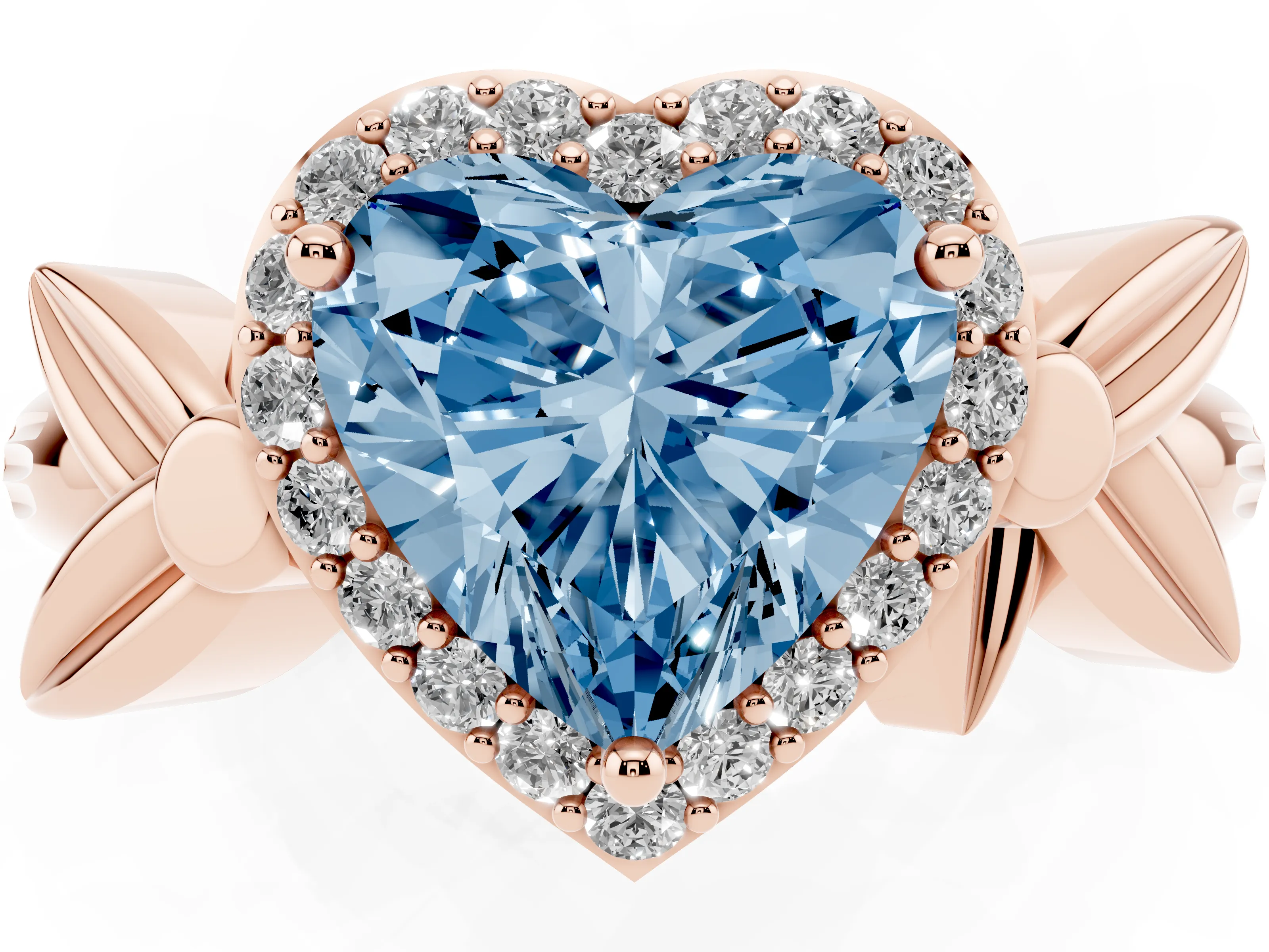 Fancy Blue Heart Cut Diamond Halo Floral Band Ring Set in Rose gold with Prong Setting