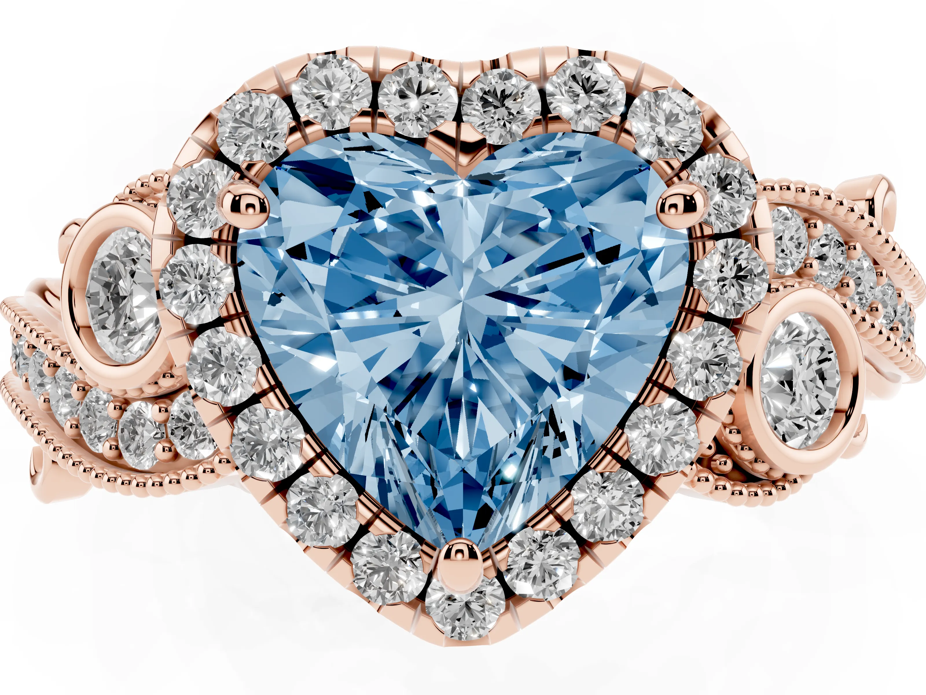 Fancy Blue Heart Cut Diamond Halo Ring Set in Rose gold with Milgrain Pavé Band and Prong Setting