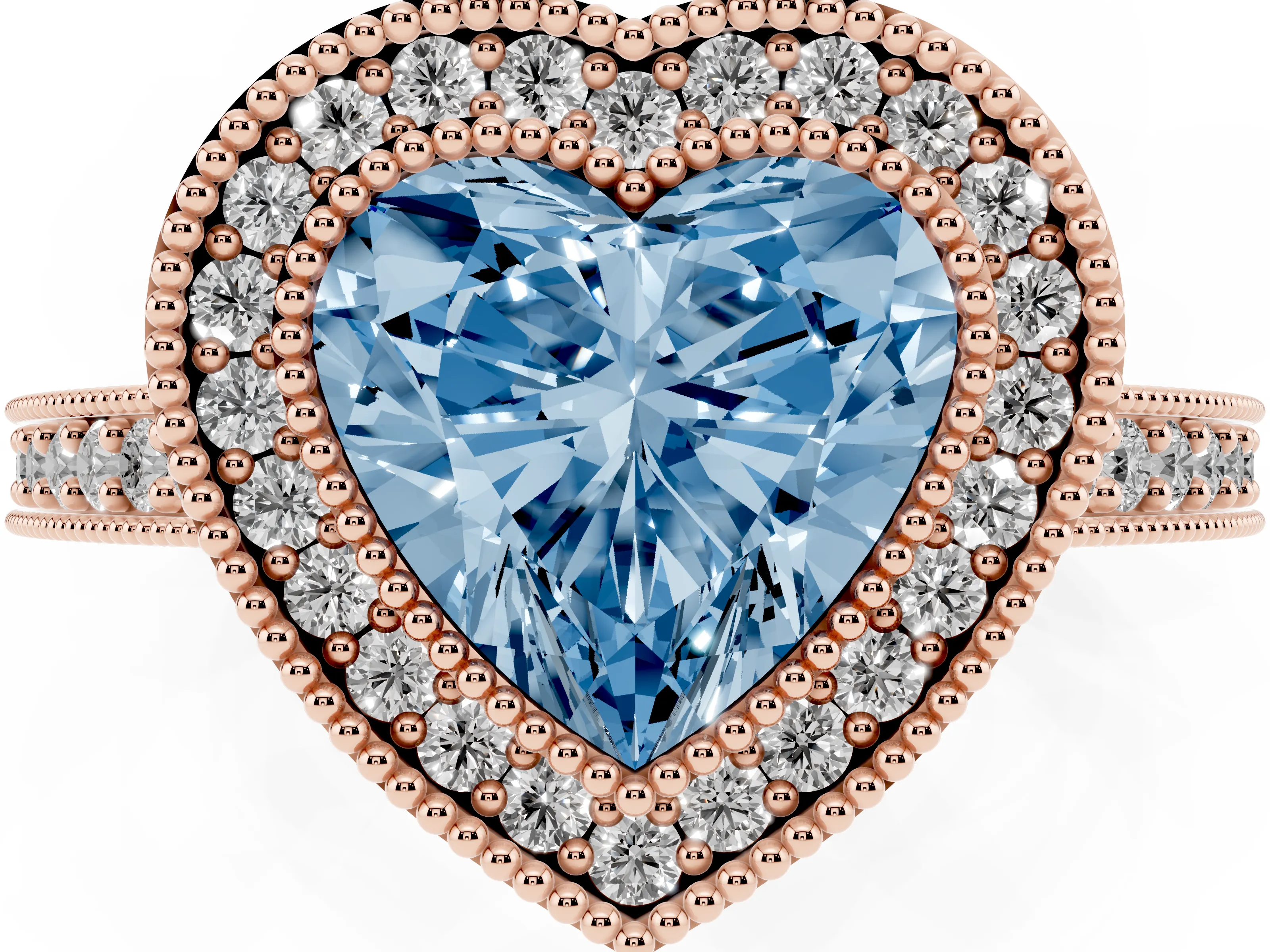 Fancy Blue Heart Cut Diamond Halo Engagement Ring Set in Rose gold with Pavé Band and Round Halo Stones