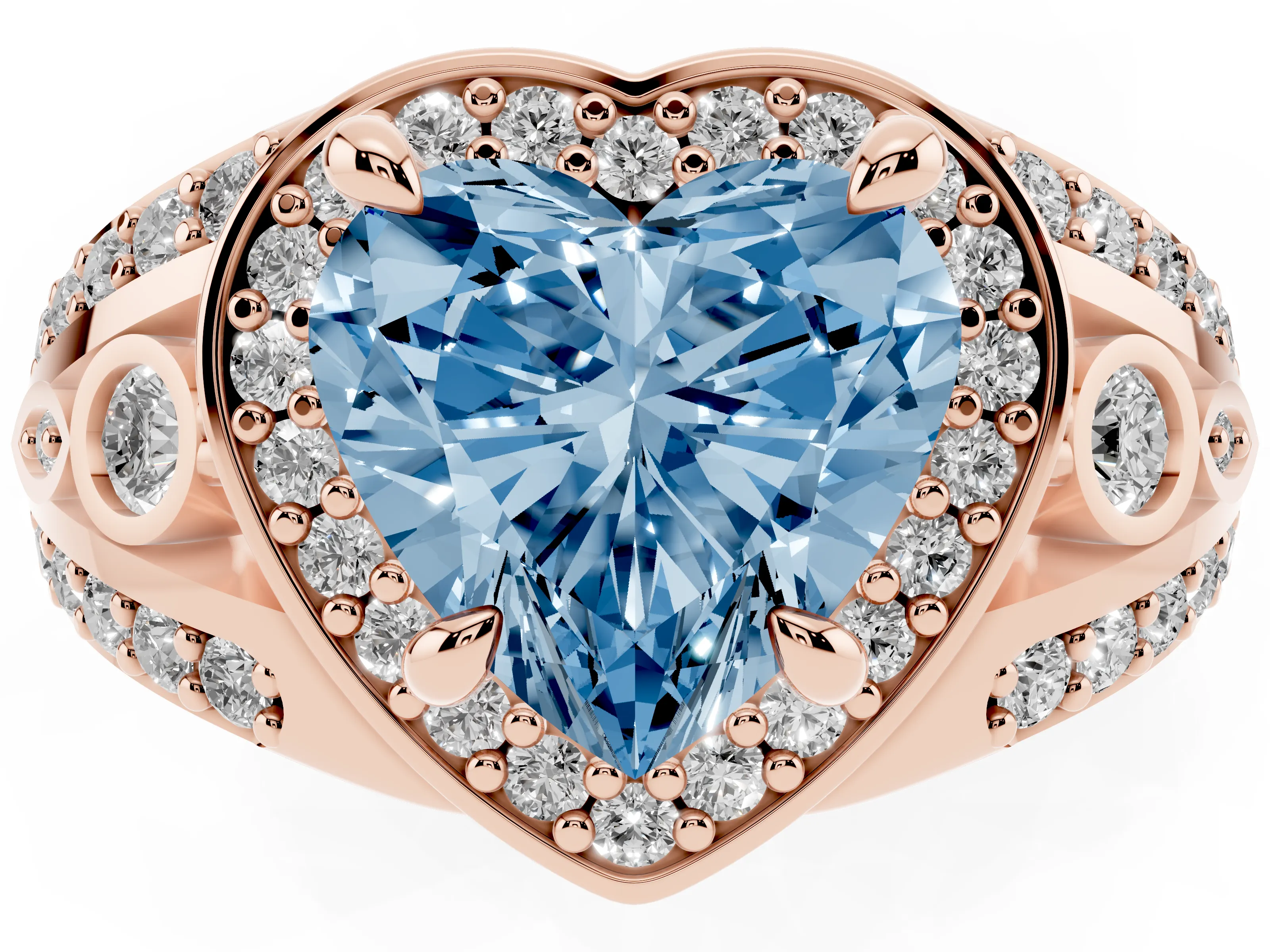 Fancy Blue Heart Cut Diamond Halo Ring Set in Rose gold with Pavé Split Shank and Bezel Accents