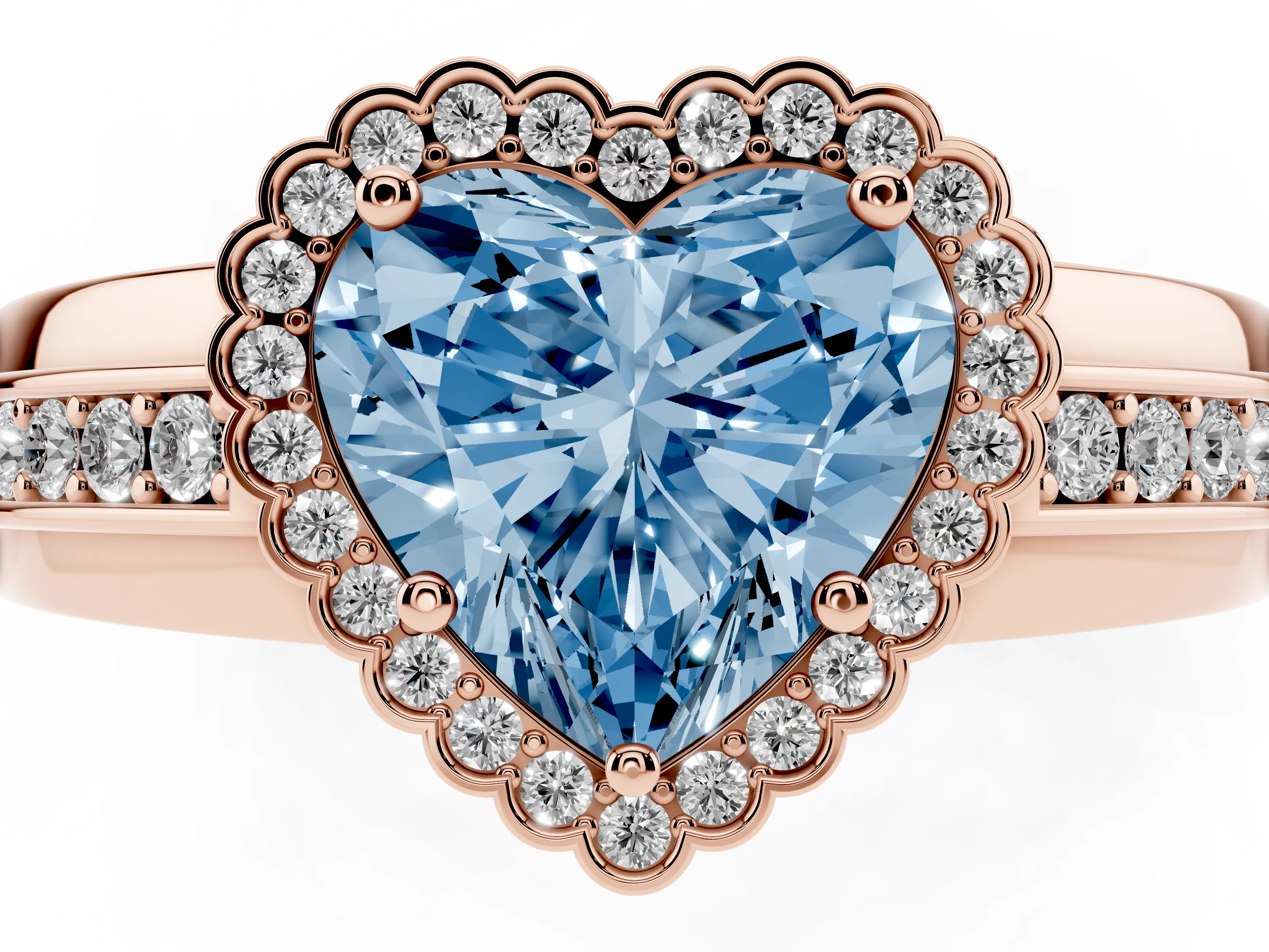 Fancy Blue Heart Cut Diamond Halo Prong Ring Set in Rose gold with Pavé Band