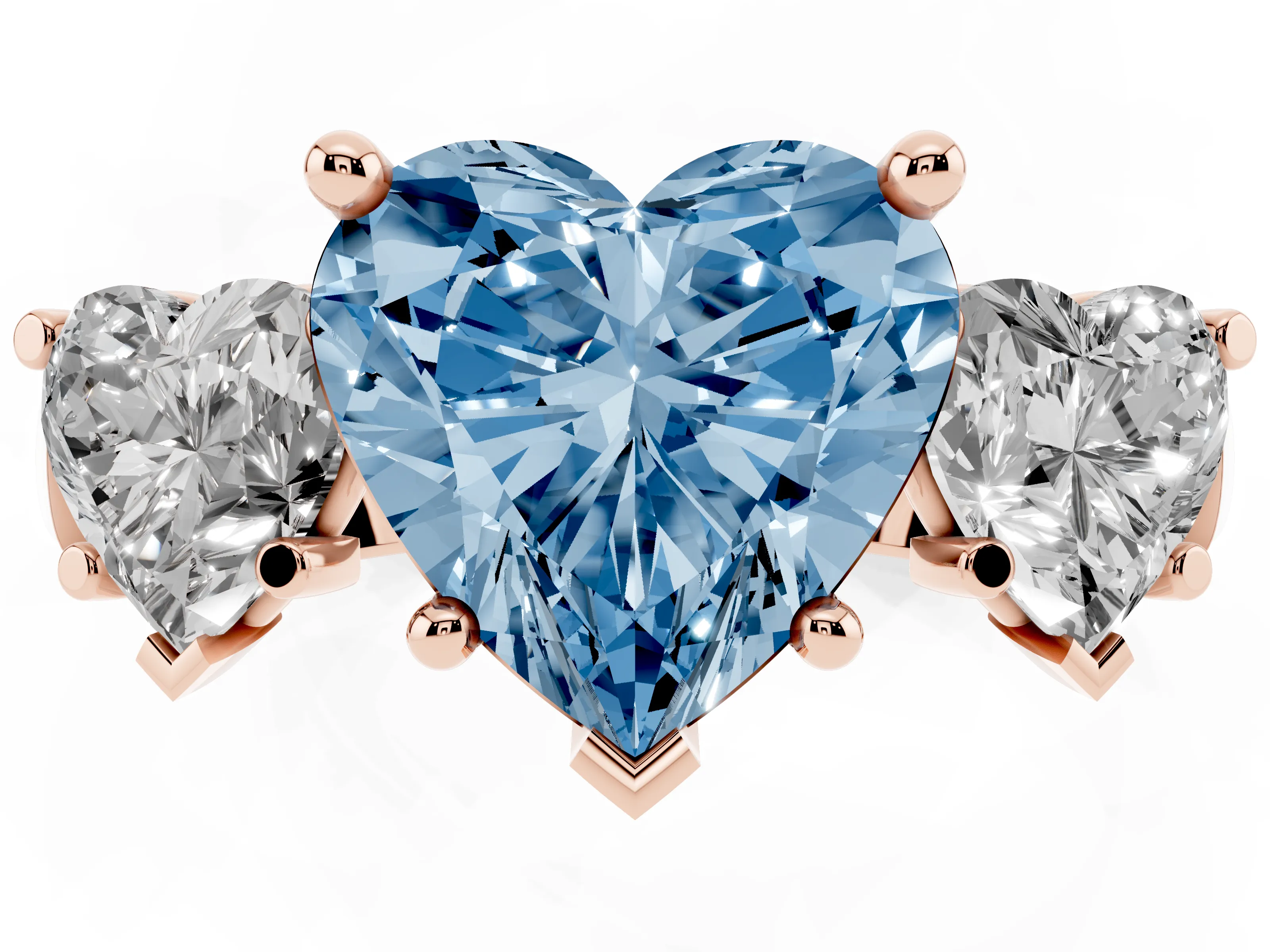 Fancy Blue Heart Cut Diamond Three-Stone Trellis Ring Set in Rose gold with Comfort Fit Band