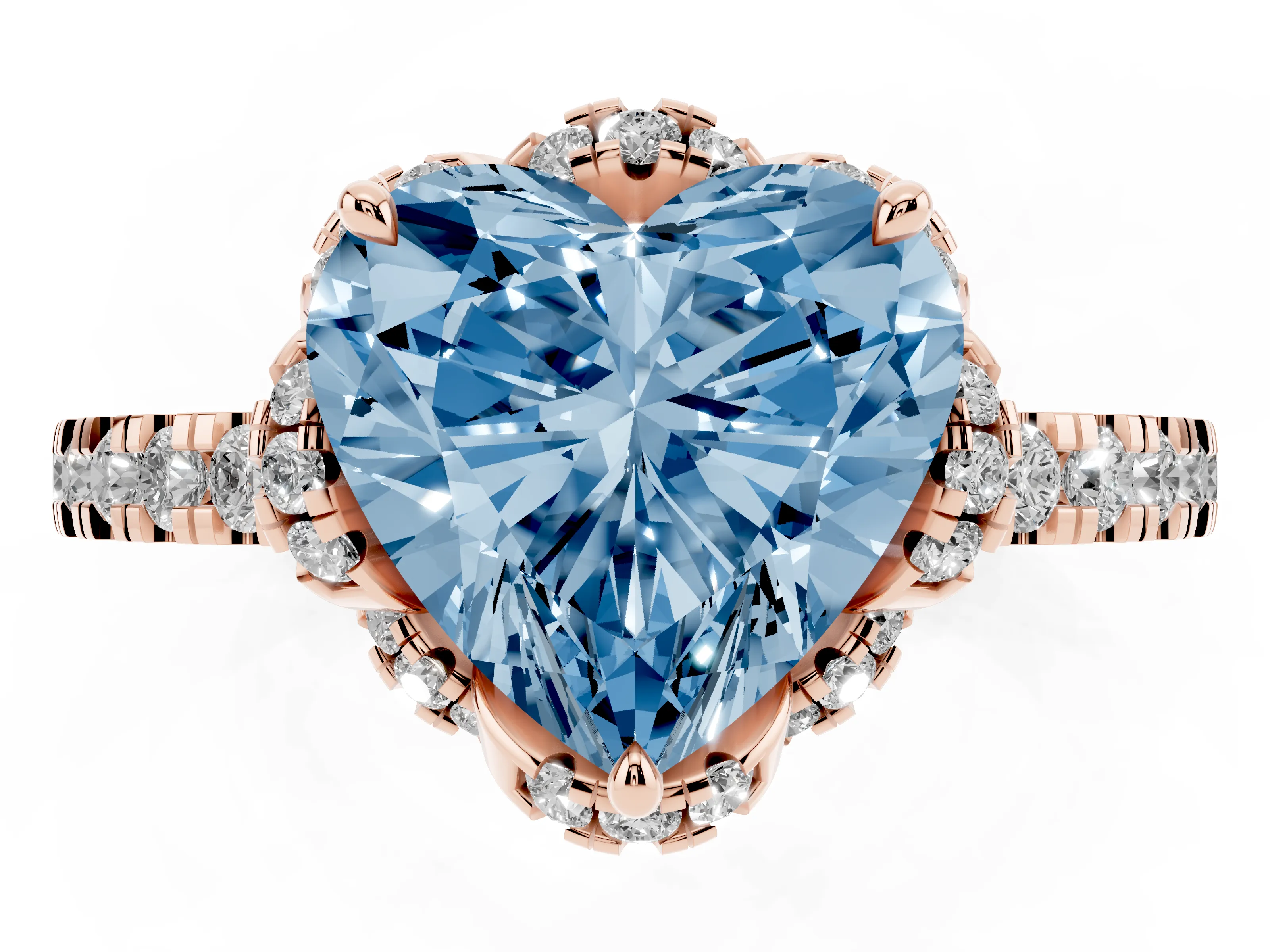 Fancy Blue Heart Cut Diamond Halo Pavé Band Ring Set in Rose gold with Prong-Held Center