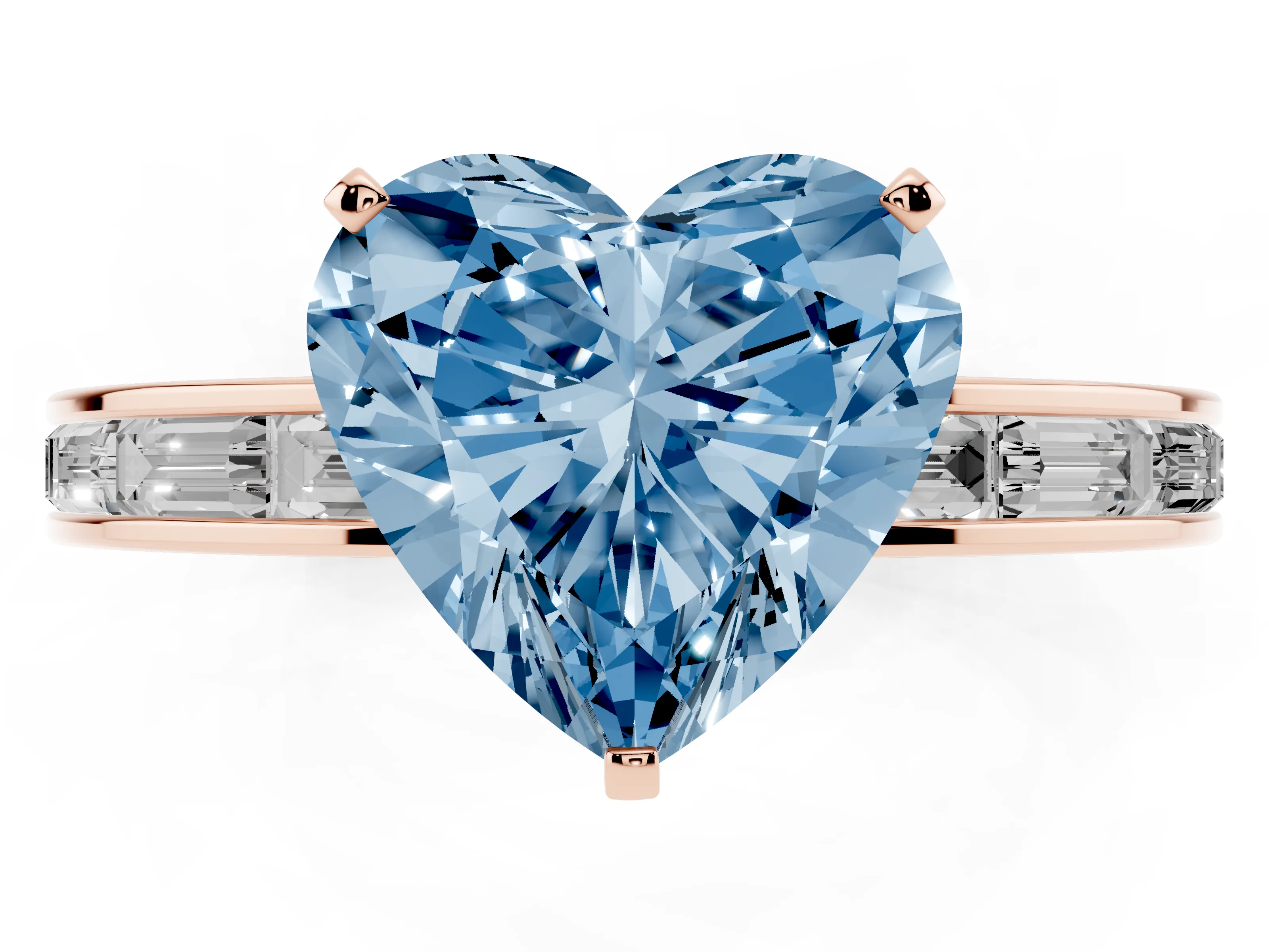 Fancy Blue Heart Cut Diamond Solitaire Ring Set in Rose gold with Channel-Set Baguette Band and Prong Setting