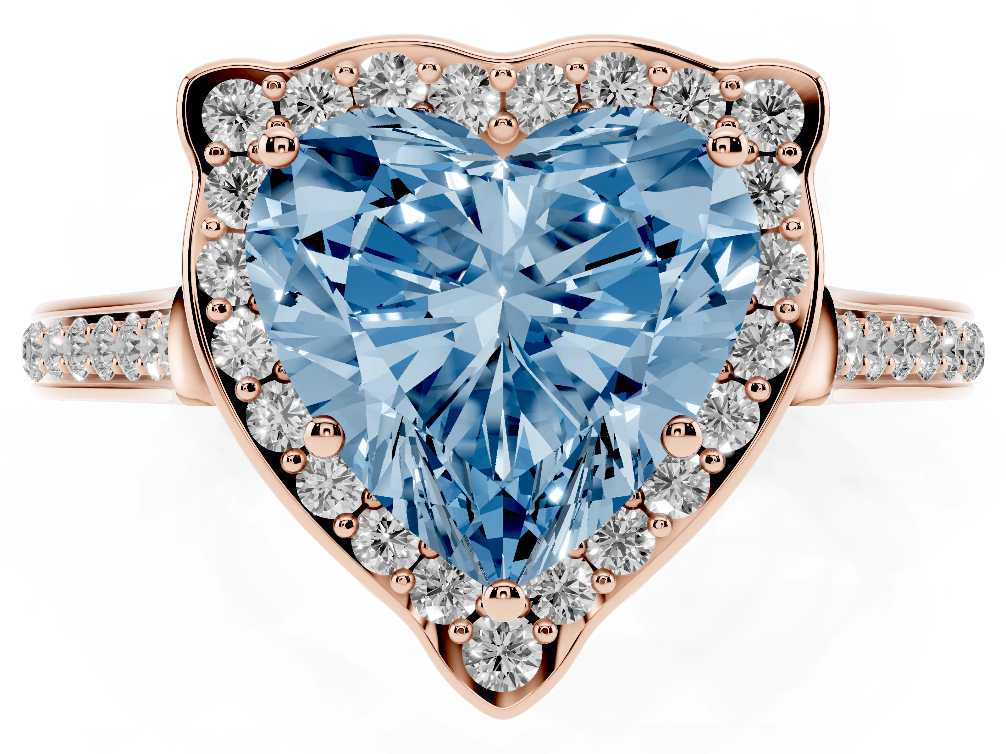 Fancy Blue Heart Cut Diamond Halo Ring Set in Rose gold with Pavé-Lined Shoulders and Prong Setting
