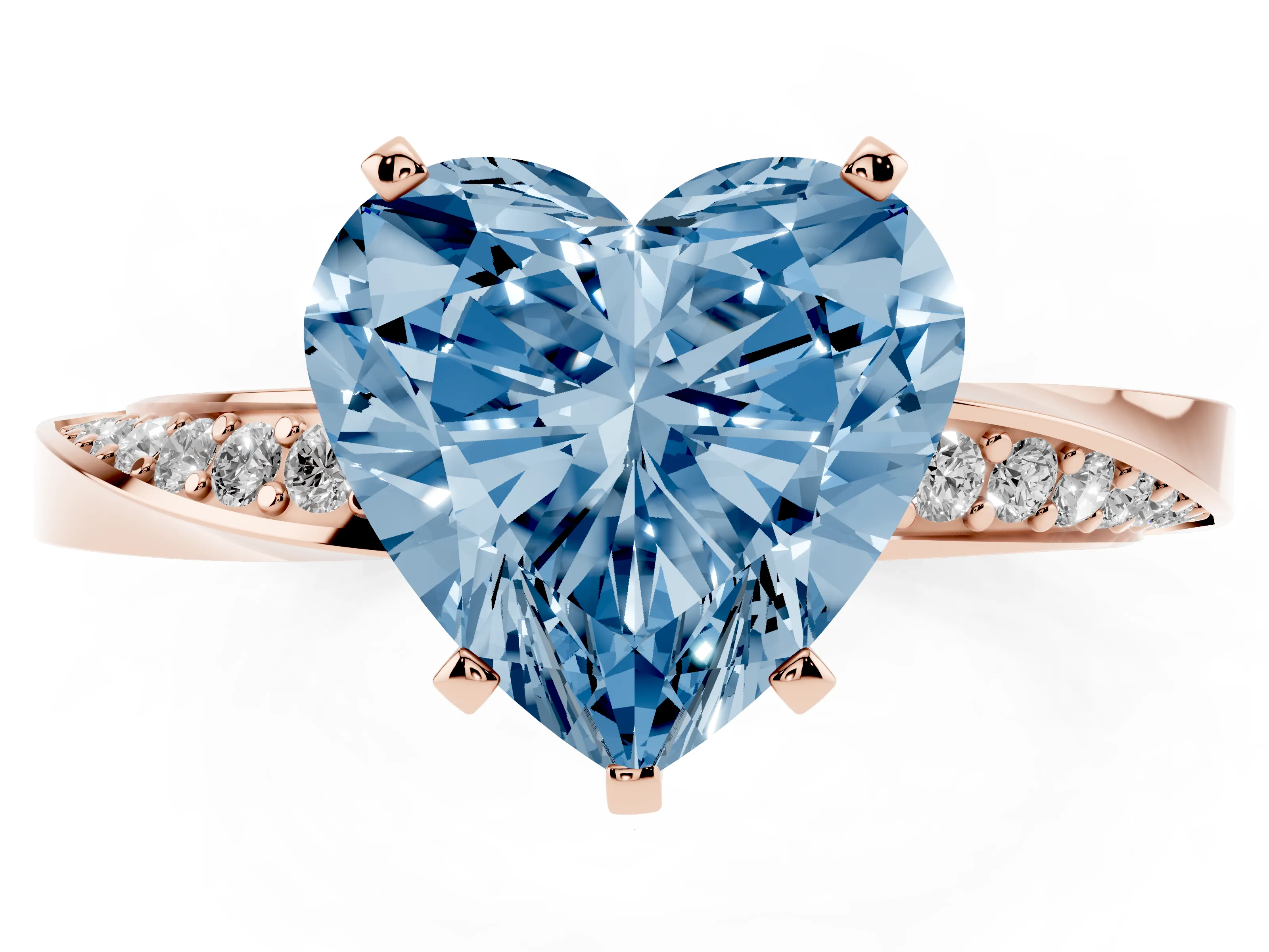 Fancy Blue Heart Cut Diamond Engagement Ring Set in Rose gold with Side Stone Accents and Prong Setting