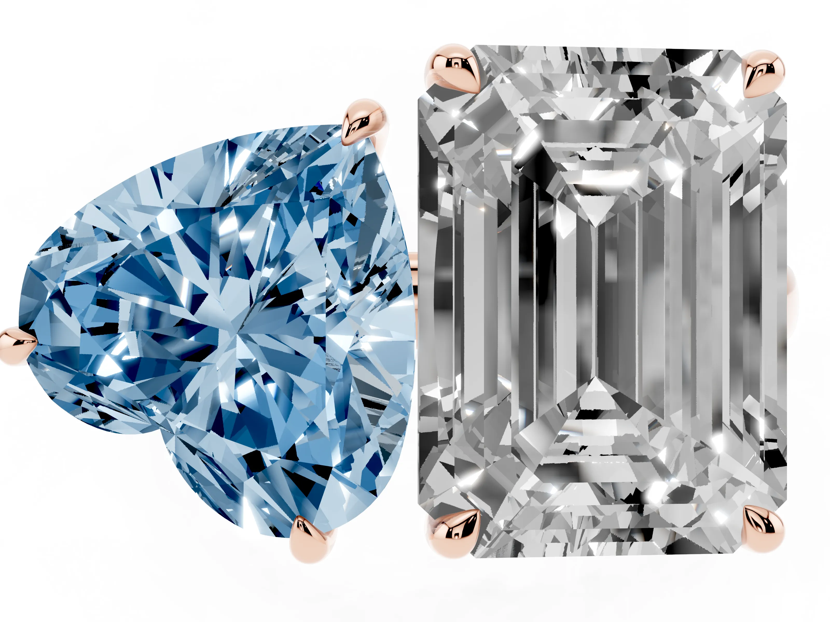 Fancy Blue Heart Cut and Emerald Cut Toi Moi Ring Set in Rose gold with Prong Setting