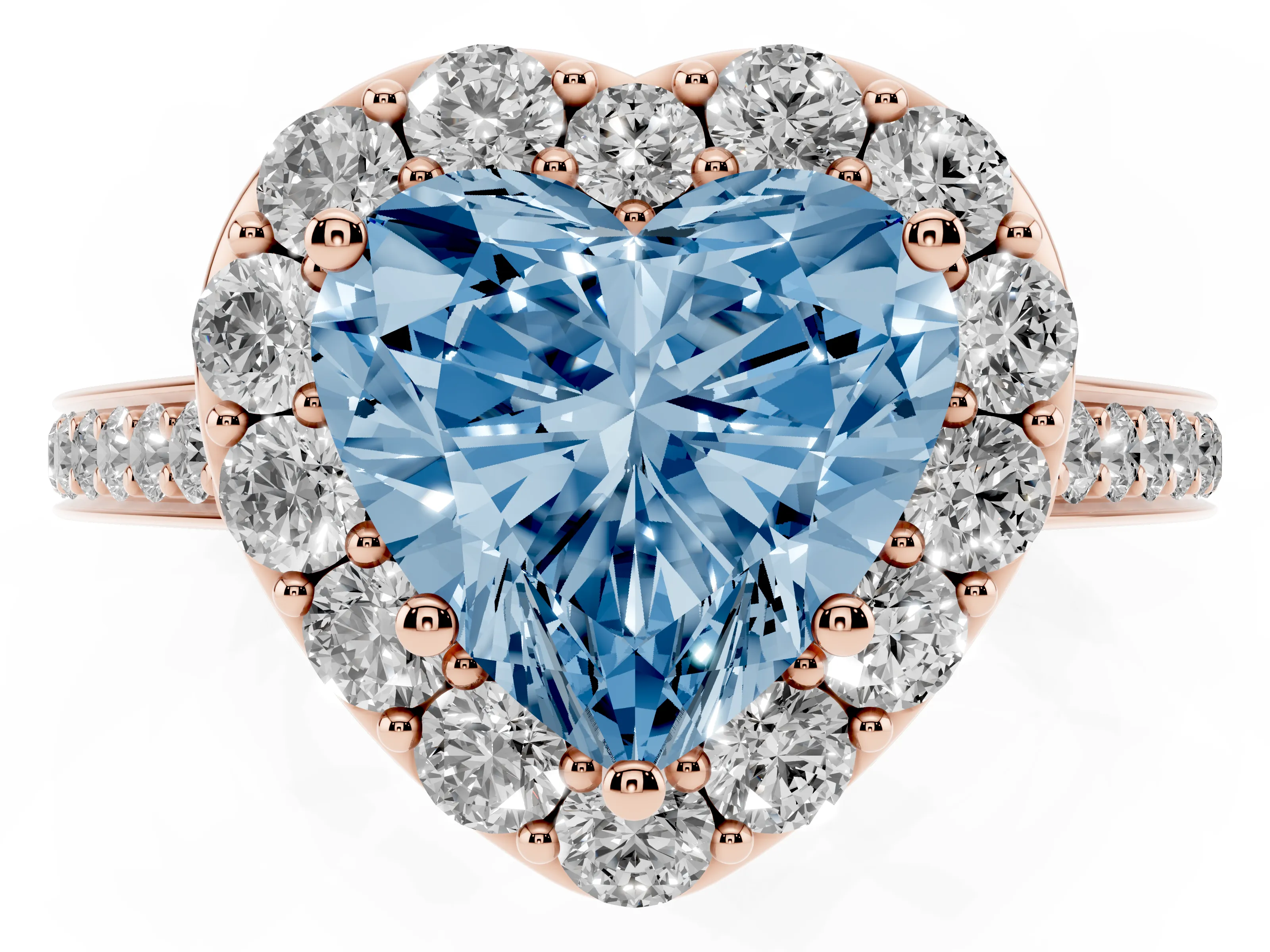 Fancy Blue Heart Cut Diamond Floral Halo Ring Set in Rose gold with Pavé Band and Prong Setting