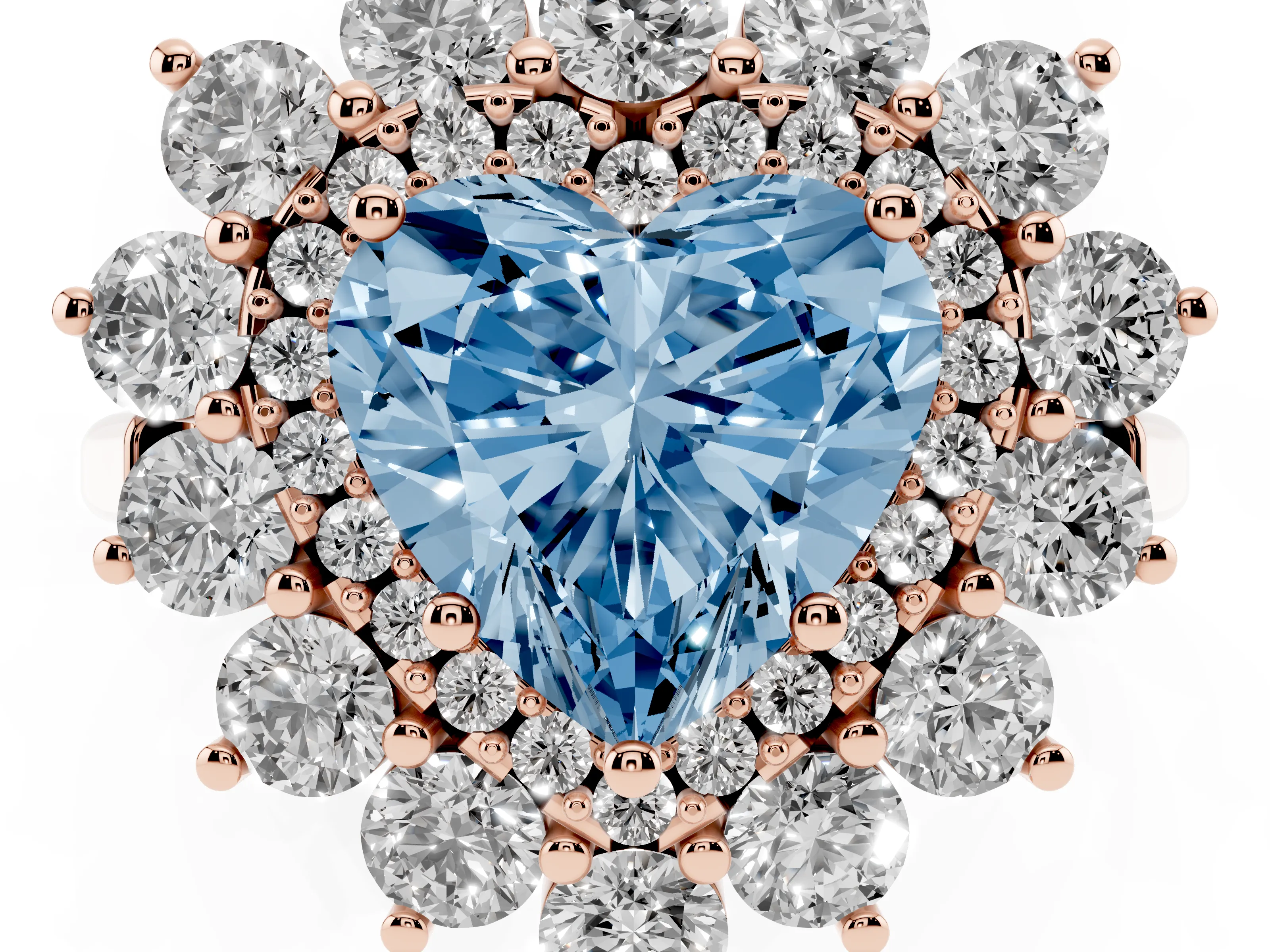 Fancy Blue Heart Cut Diamond Floral Double Halo Ring Set in Rose gold with Round Petals