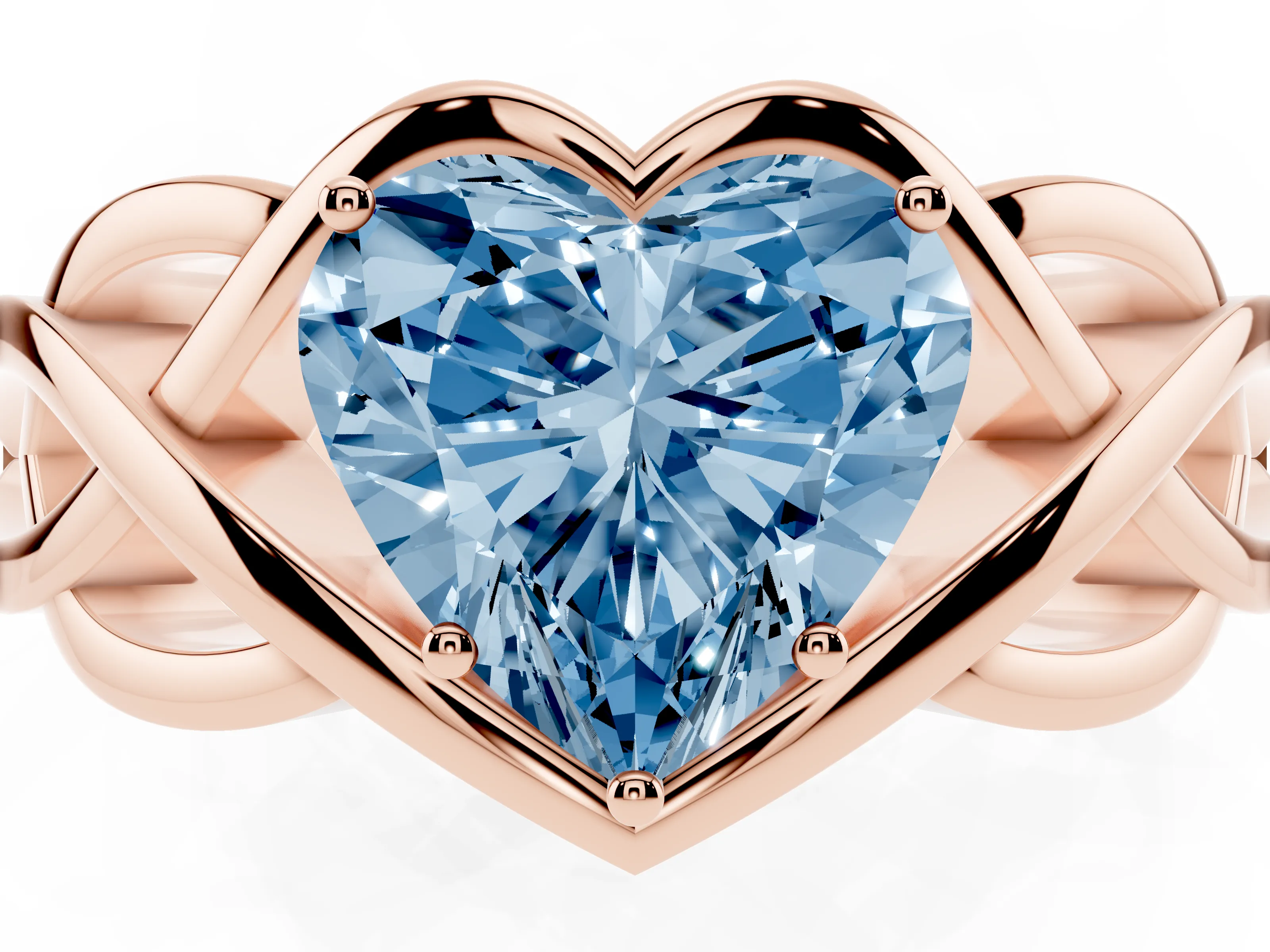 Fancy Blue Heart Cut Diamond Solitaire Ring Set in Rose gold with Intertwined Band