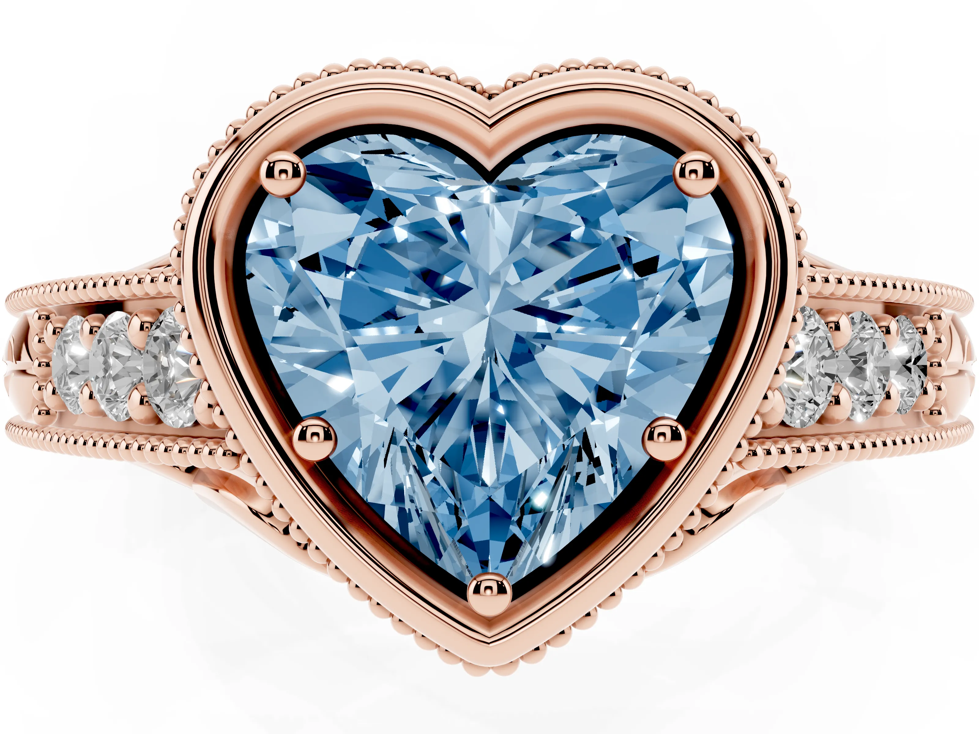 Fancy Blue Bezel Set Heart Cut Diamond Milgrain Pavé Engagement Ring Set in Rose gold