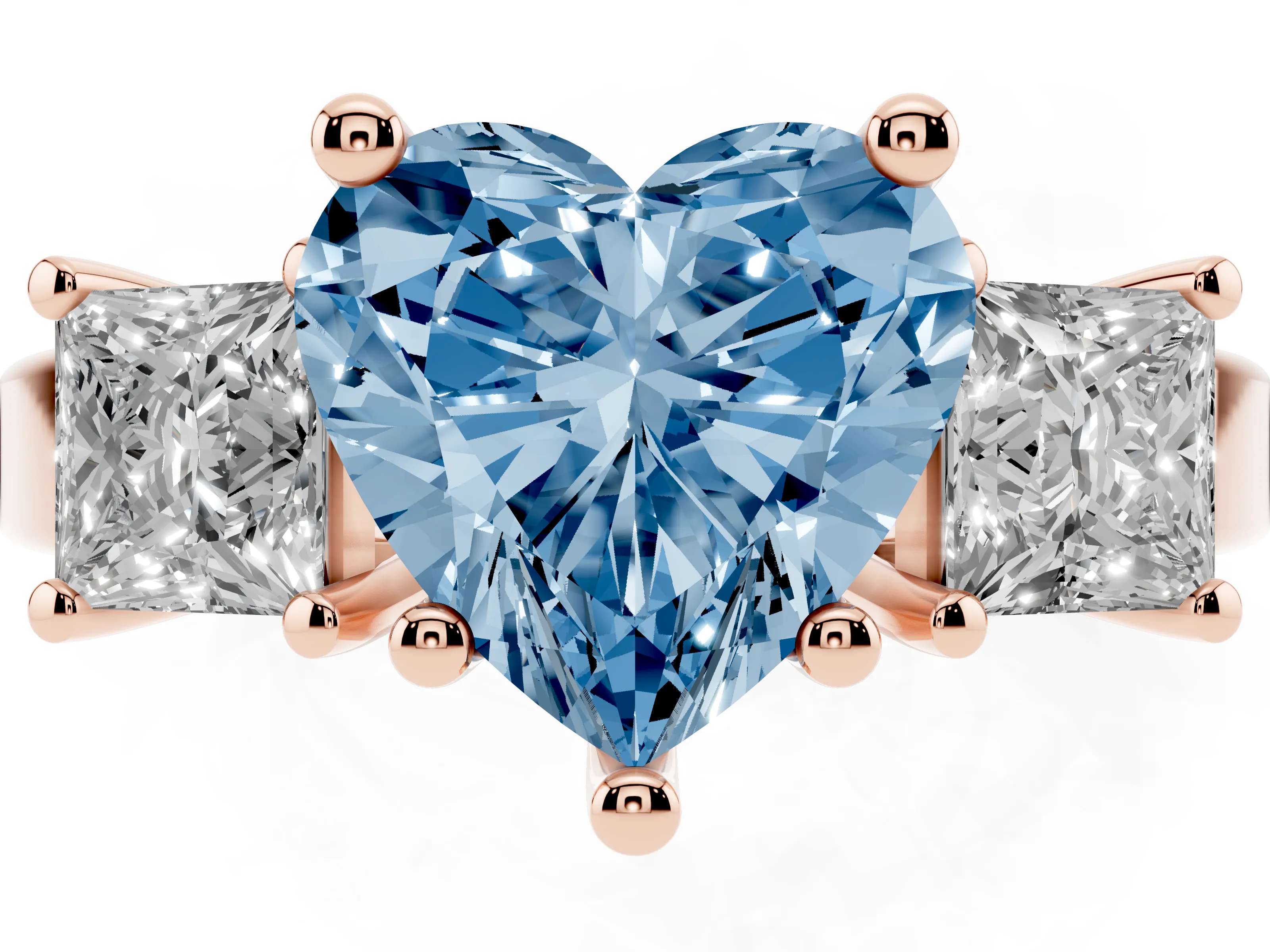 Fancy Blue Three-Stone Heart Cut Diamond Solitaire Ring Set in Rose gold with Prong Setting