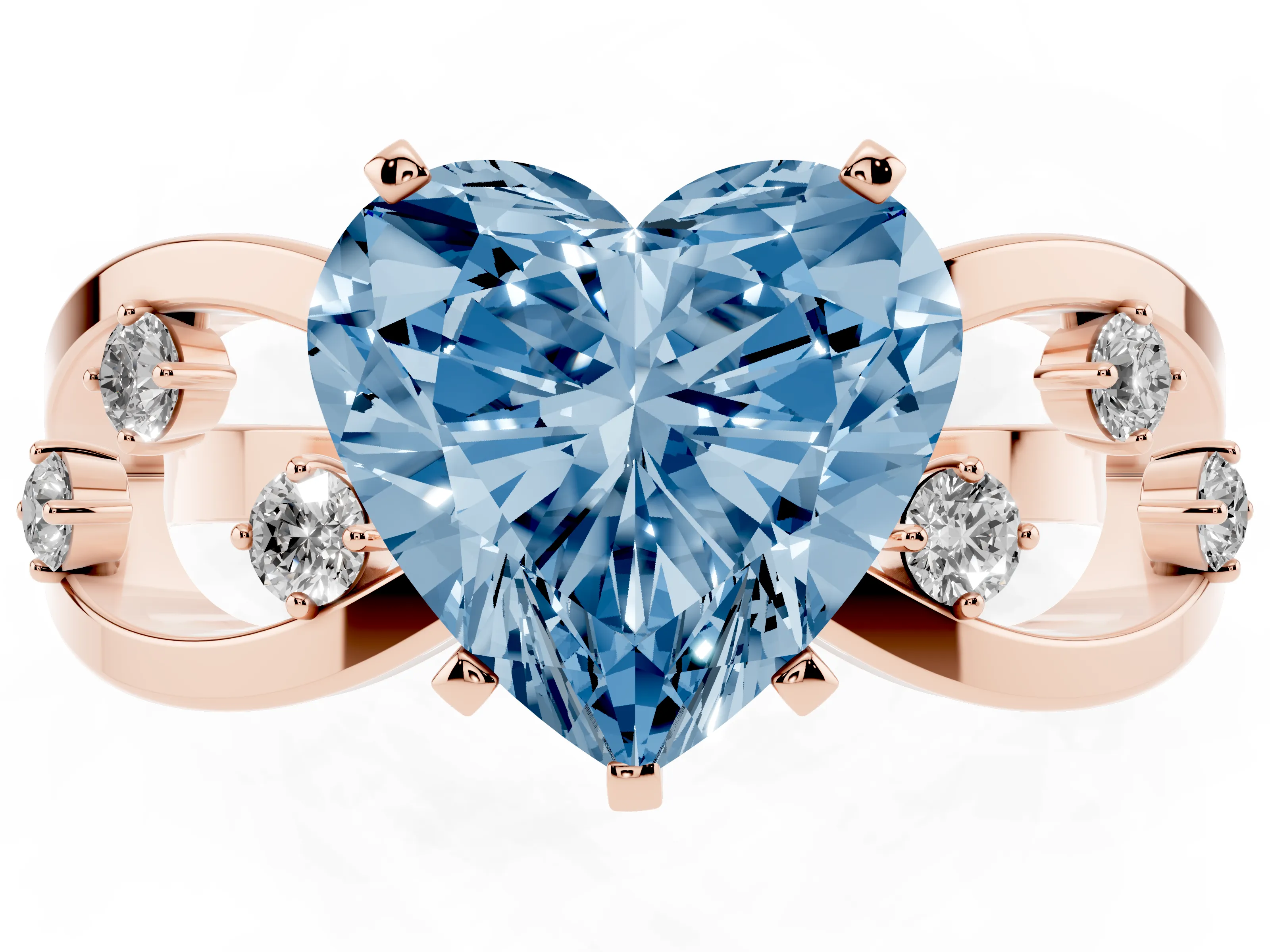 Fancy Blue Heart Cut Diamond Solitaire Ring Set in Rose gold with Side Stones on Criss-Cross Band and Prong Setting