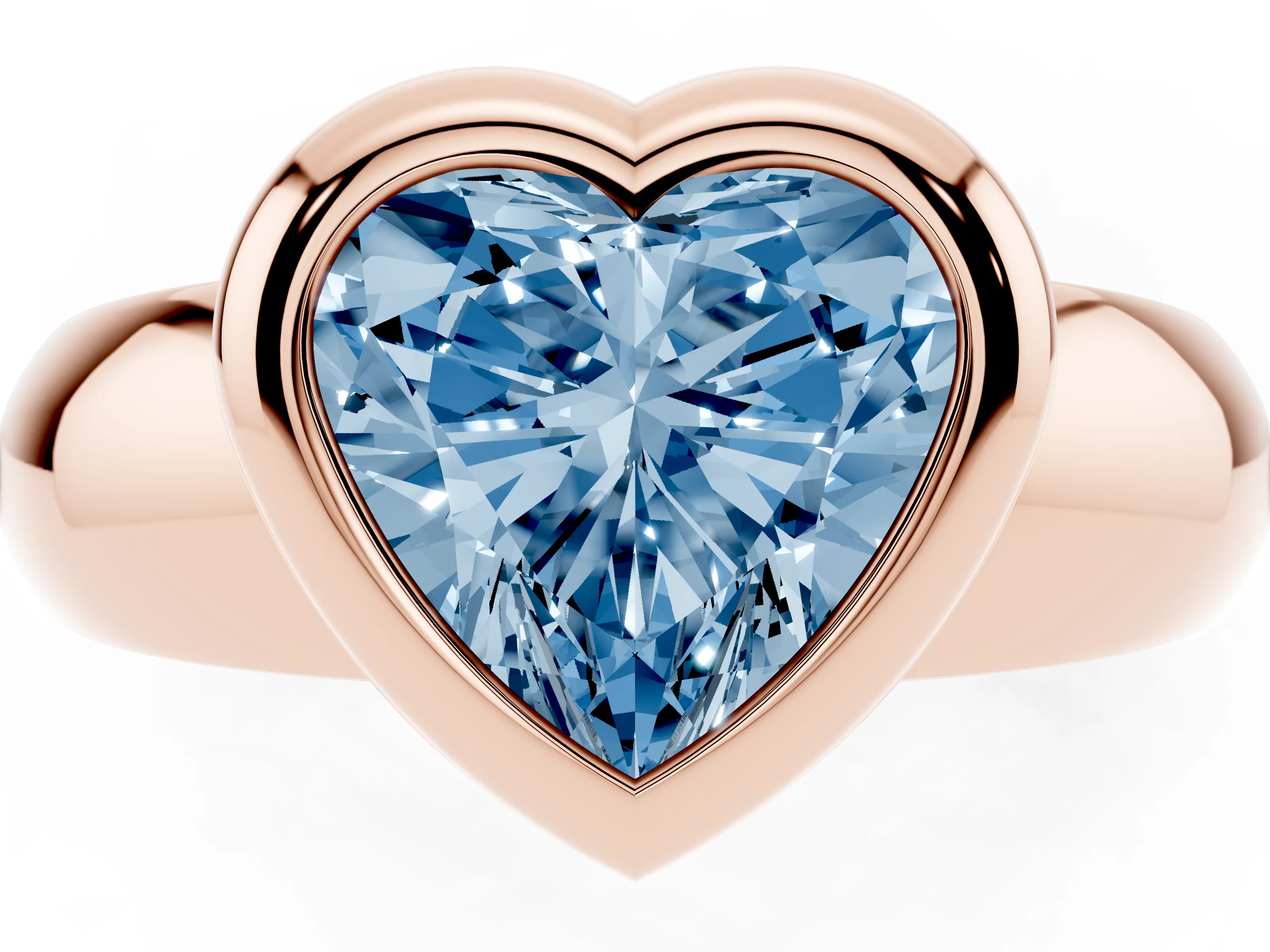 Fancy Blue Bezel Set Heart Cut Diamond Solitaire Ring Set in Rose gold with Wide Band