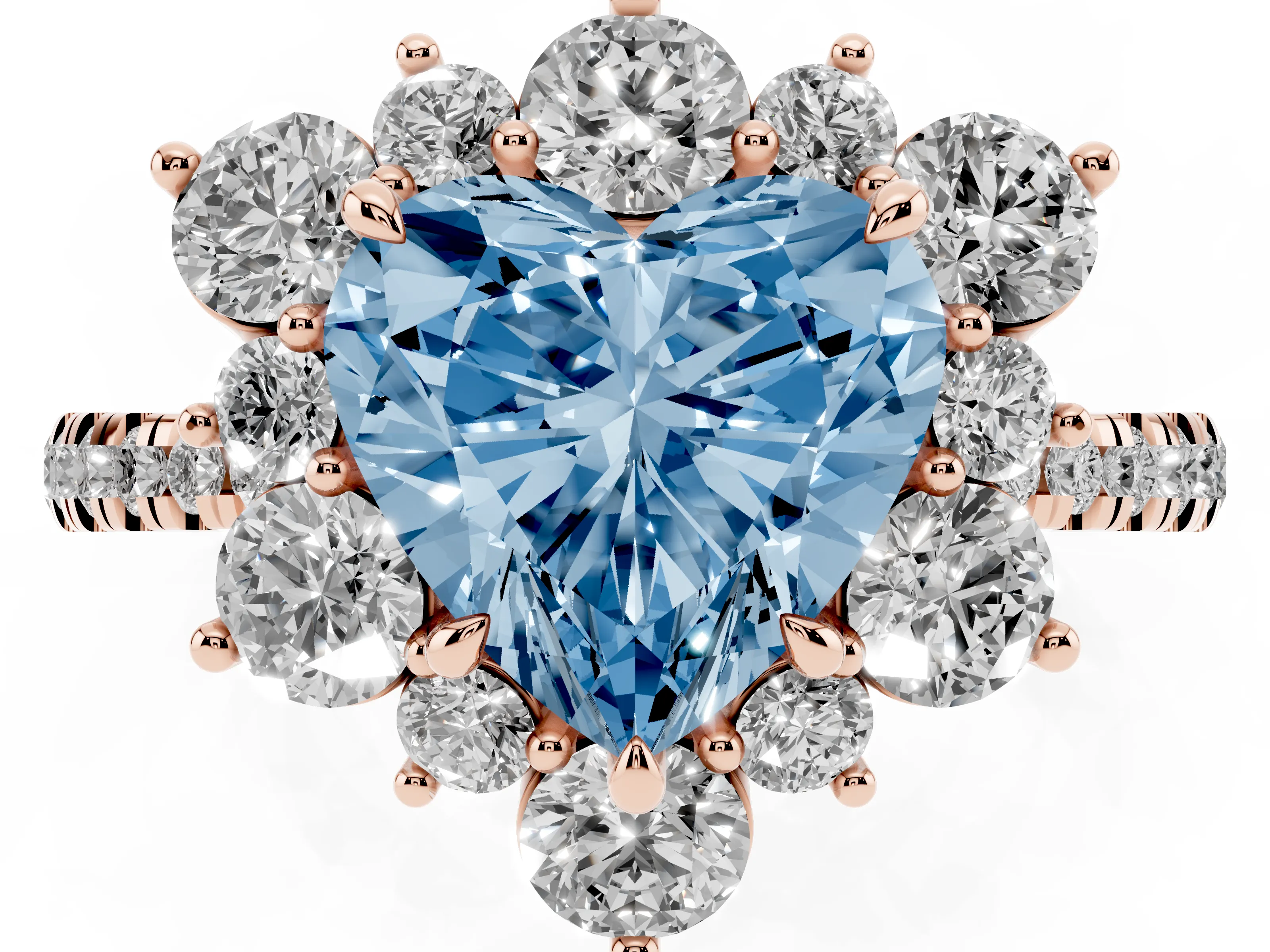 Fancy Blue Heart Cut Diamond Floral Halo Ring Set in Rose gold with Round Pavé Band and Prong Setting