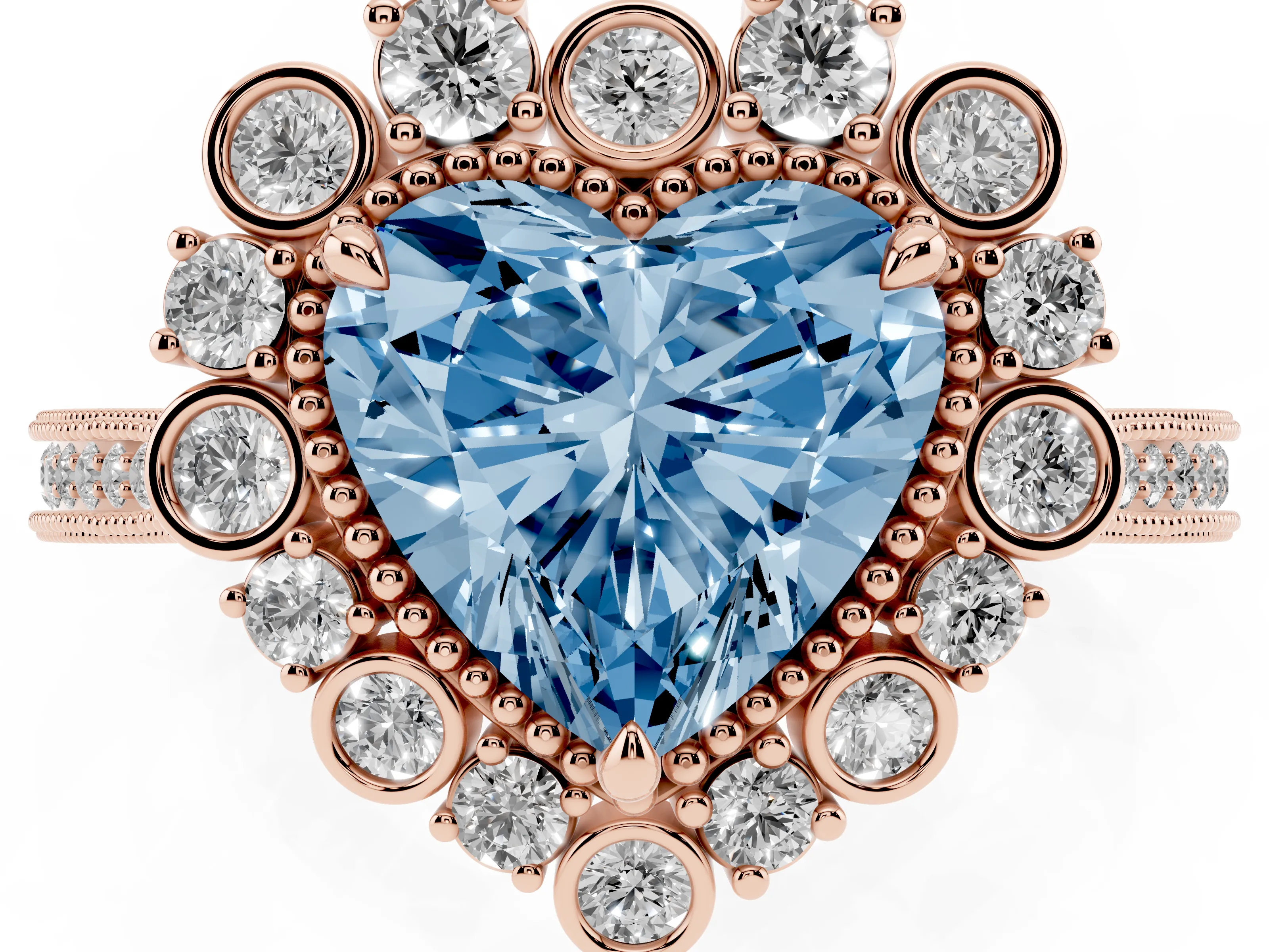 Fancy Blue Heart Cut Diamond Halo Milgrain Pavé Ring Set in Rose gold with Prong Setting