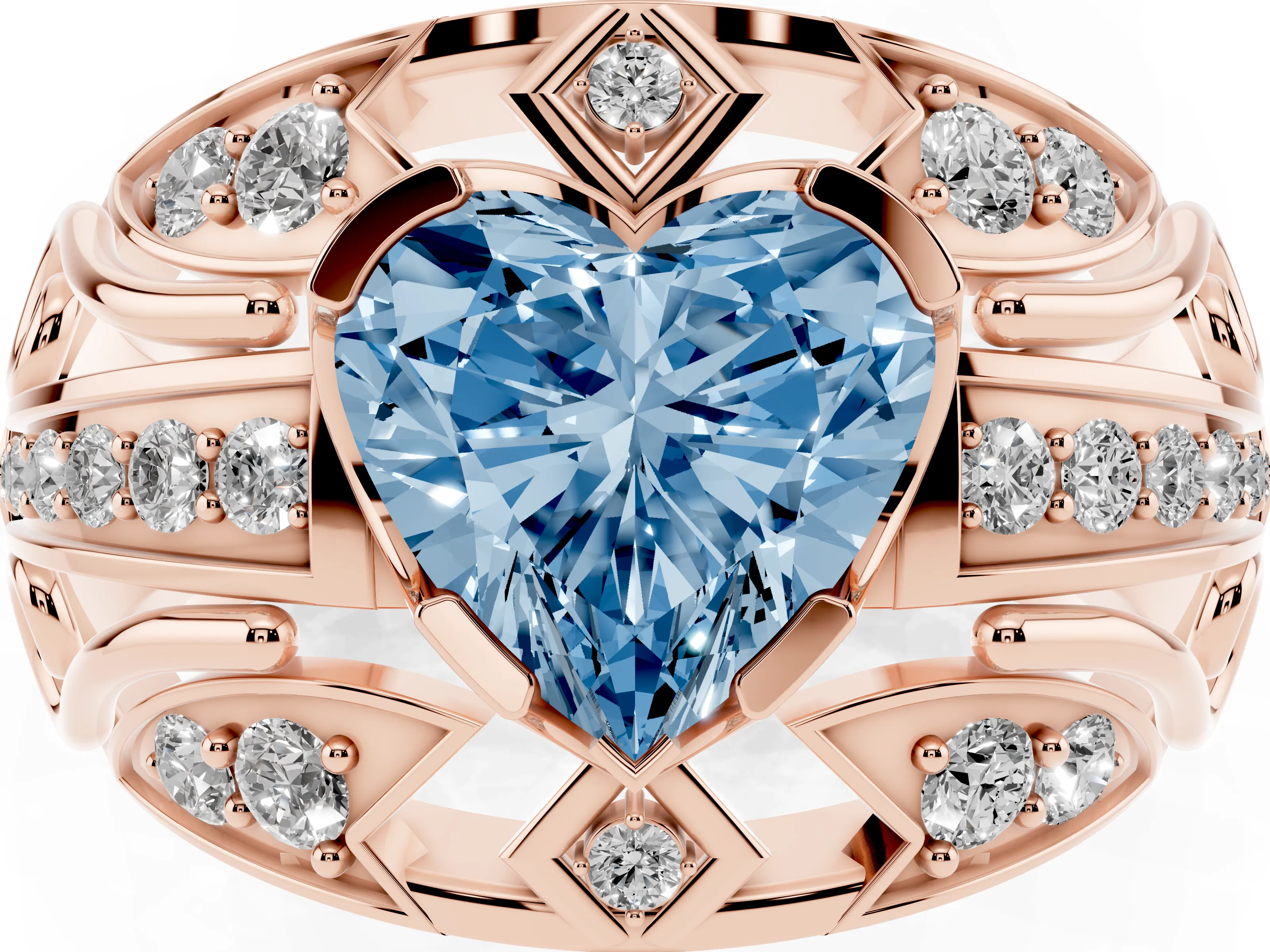 Fancy Blue Heart Cut Diamond Art Deco Ring Set in Rose gold with Pavé Split Shank