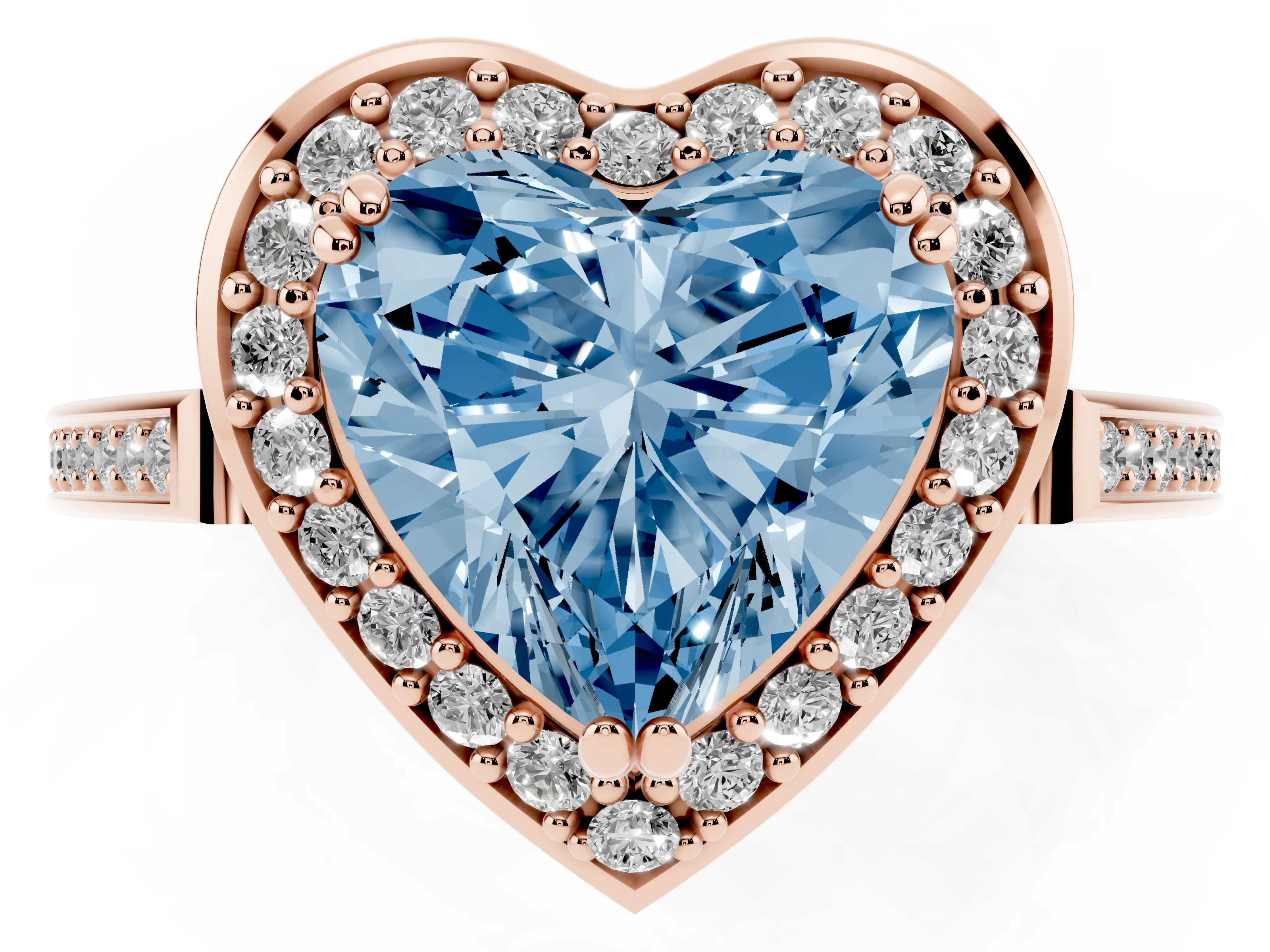 Fancy Blue Heart Cut Diamond Halo Ring Set in Rose gold with Accent-Lined Split Shank and Prong Setting