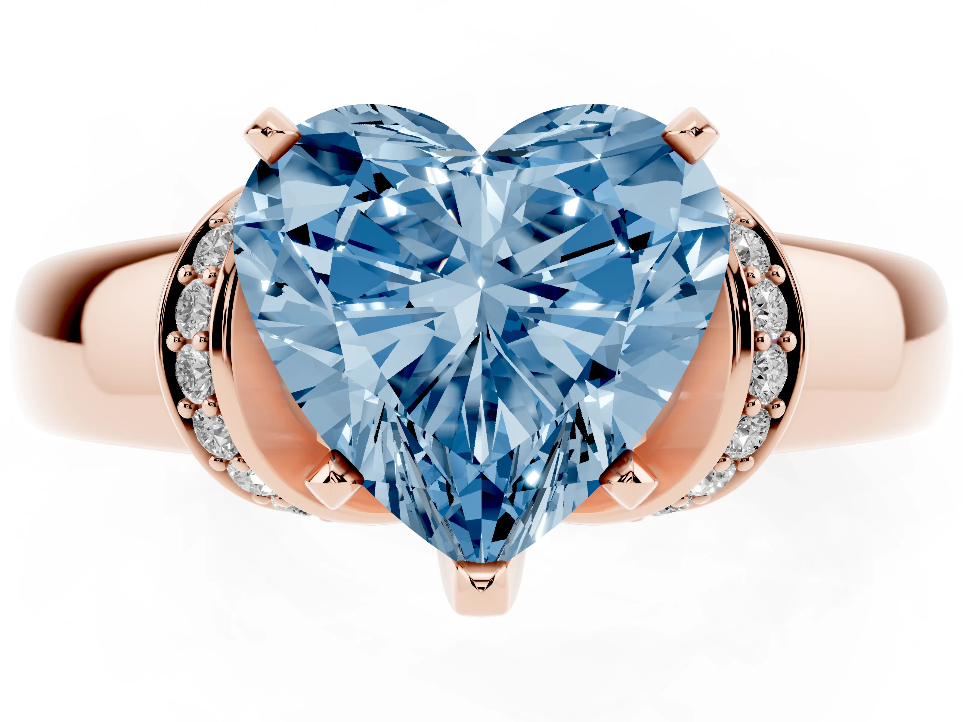 Fancy Blue Heart Cut Diamond Pavé Band Solitaire Ring Set in Rose gold with Prong Setting