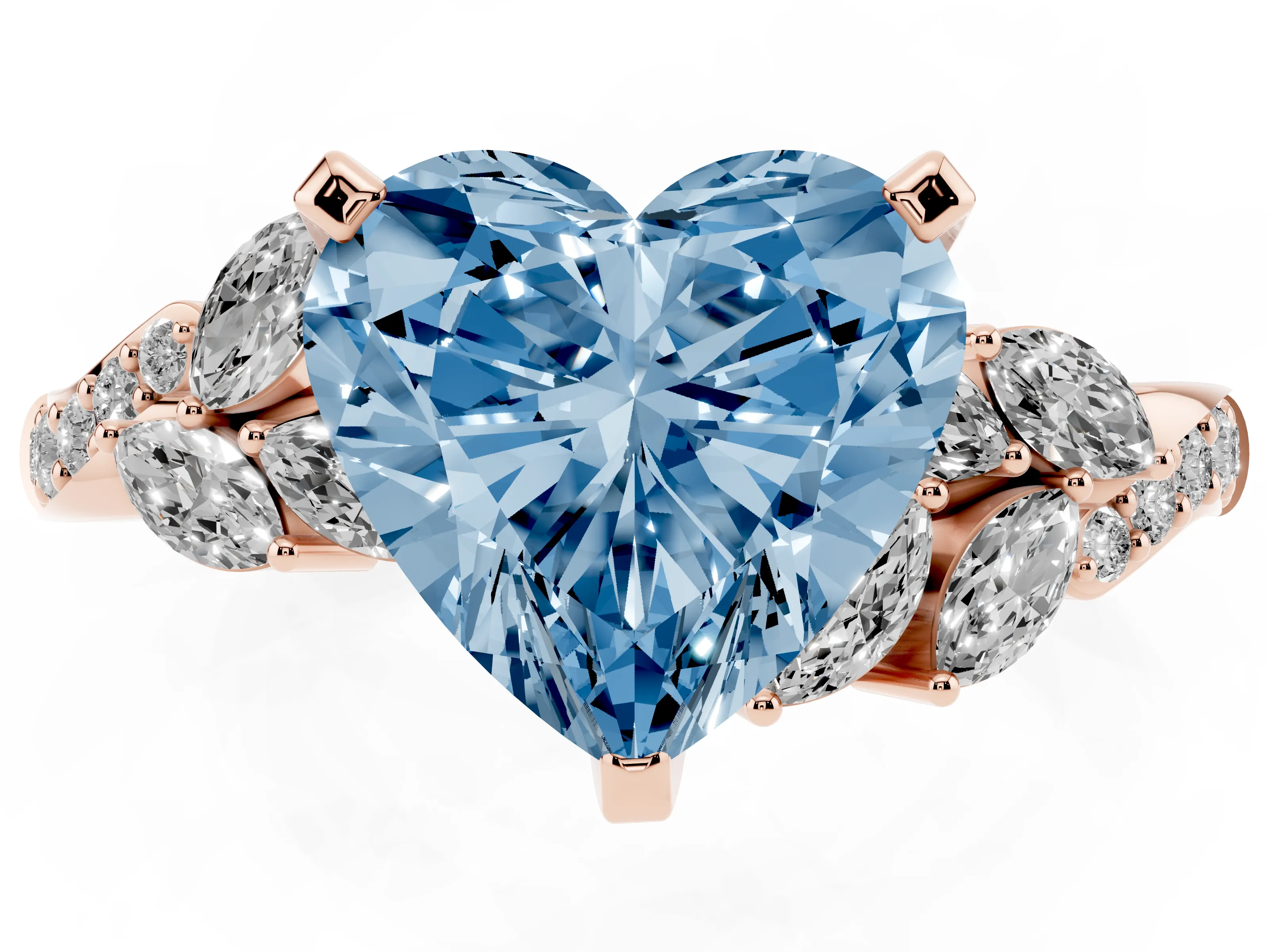 Fancy Blue Heart Cut Diamond Solitaire Ring Set in Rose gold with Marquise Twist Band and Prong Setting