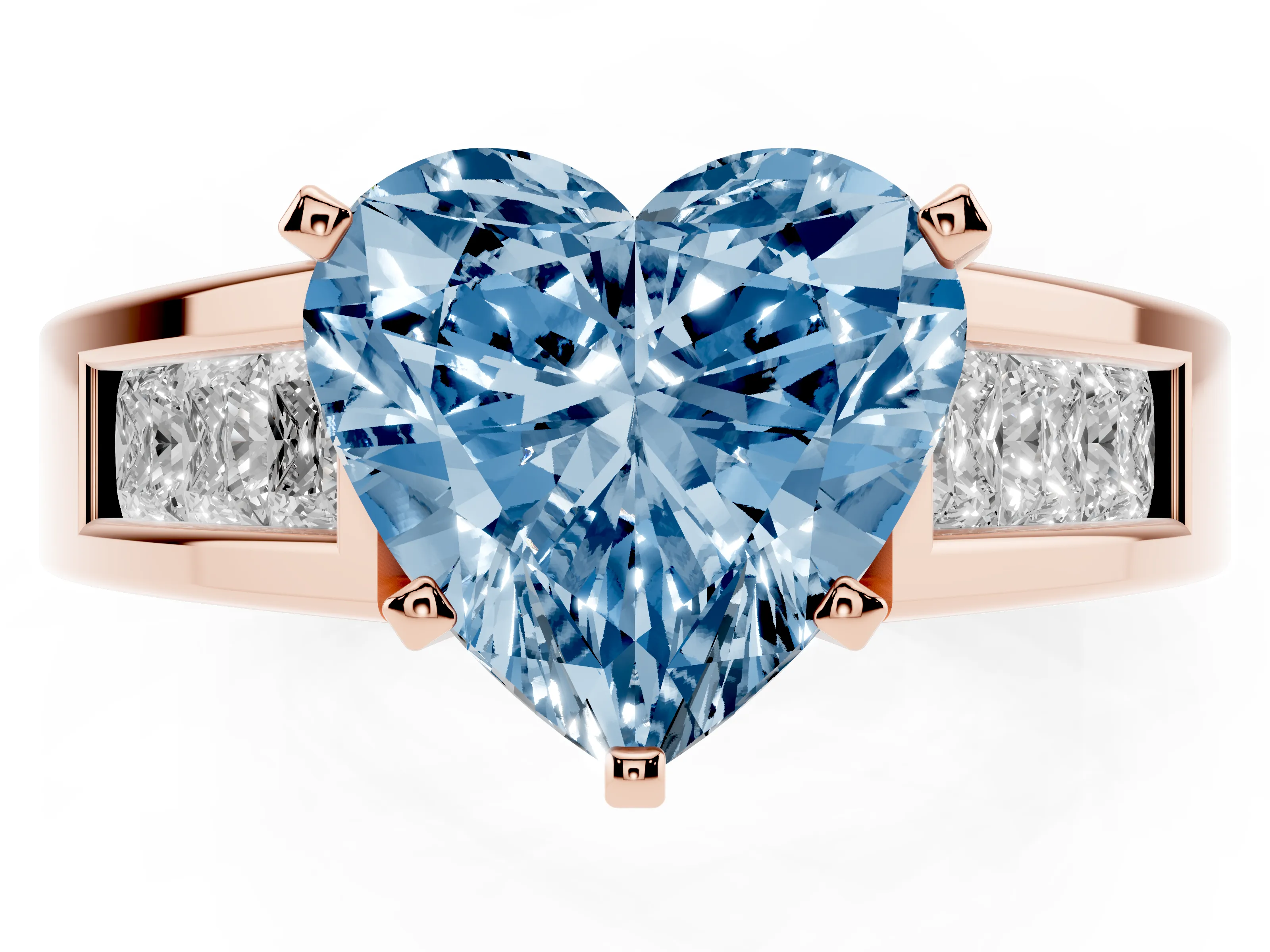 Fancy Blue Heart Cut Diamond Solitaire Ring Set in Rose gold with Channel-Set Accent Stones and Prong Setting