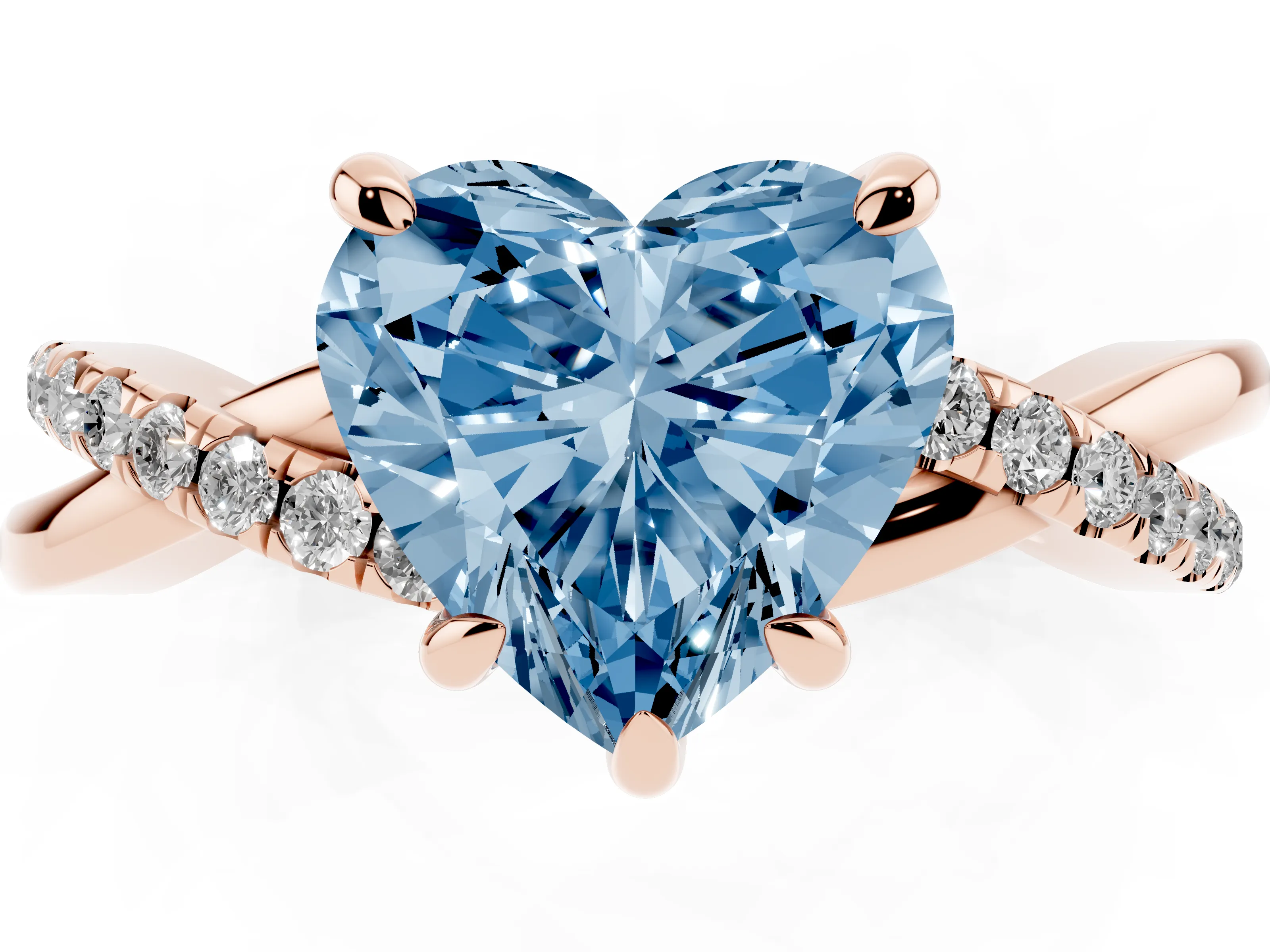 Fancy Blue Heart Cut Diamond Twist Band Solitaire Set in Rose gold with Pavé Accents and Prong Setting
