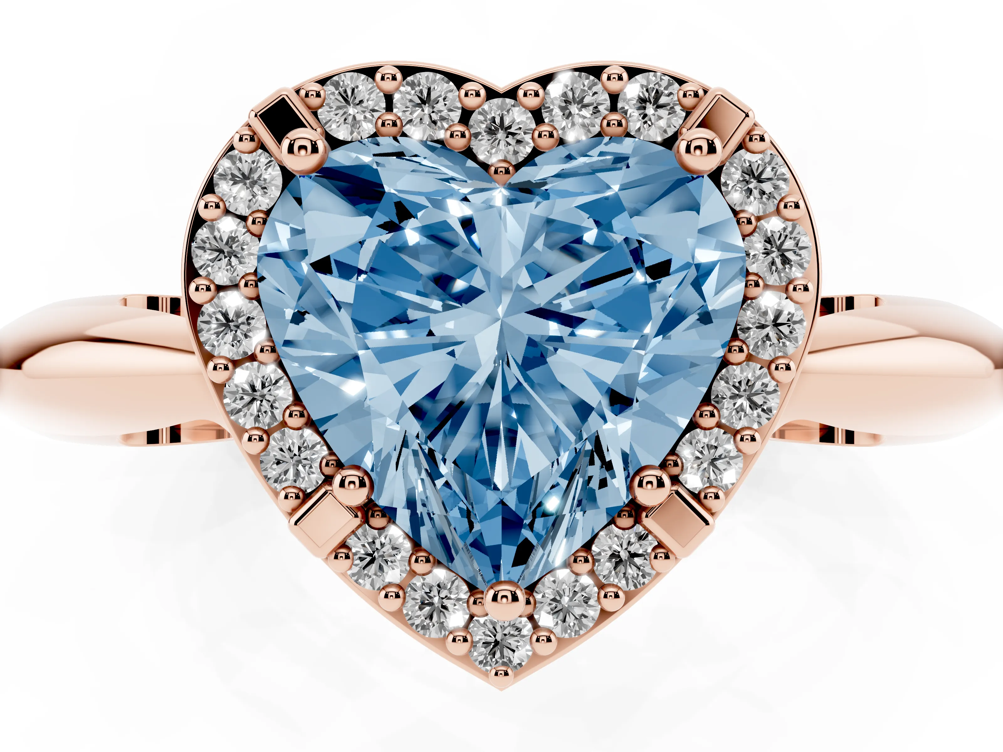 Fancy Blue Heart Cut Diamond Halo Engagement Ring Set in Rose gold with Plain Split Shank and Prong Setting