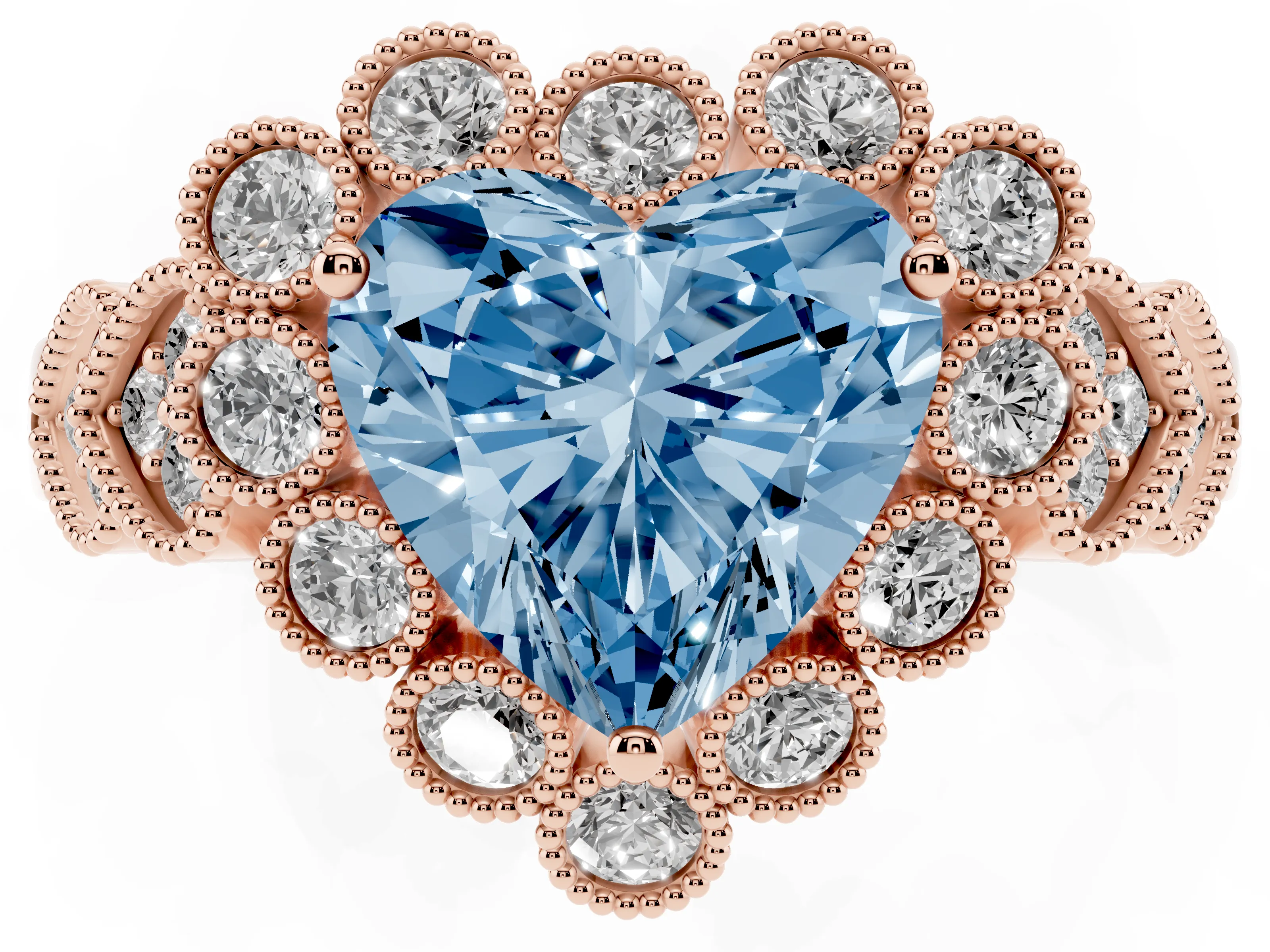 Fancy Blue Heart Cut Diamond Solitaire Ring Set in Rose gold with Milgrain Pavé Heart Band