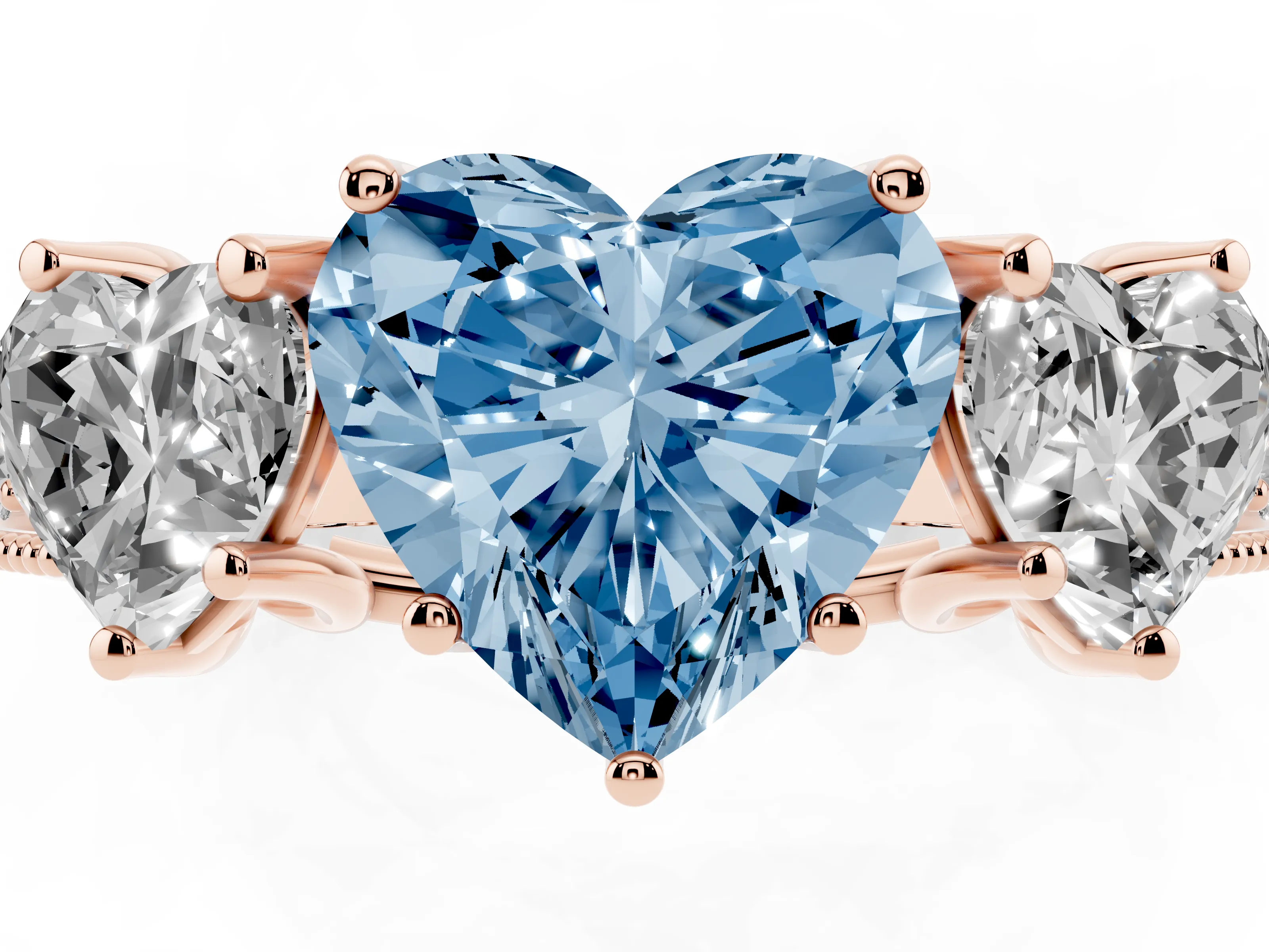 Fancy Blue Heart Cut Diamond Three-Stone Engagement Ring Set in Rose gold with Milgrain Pavé Band