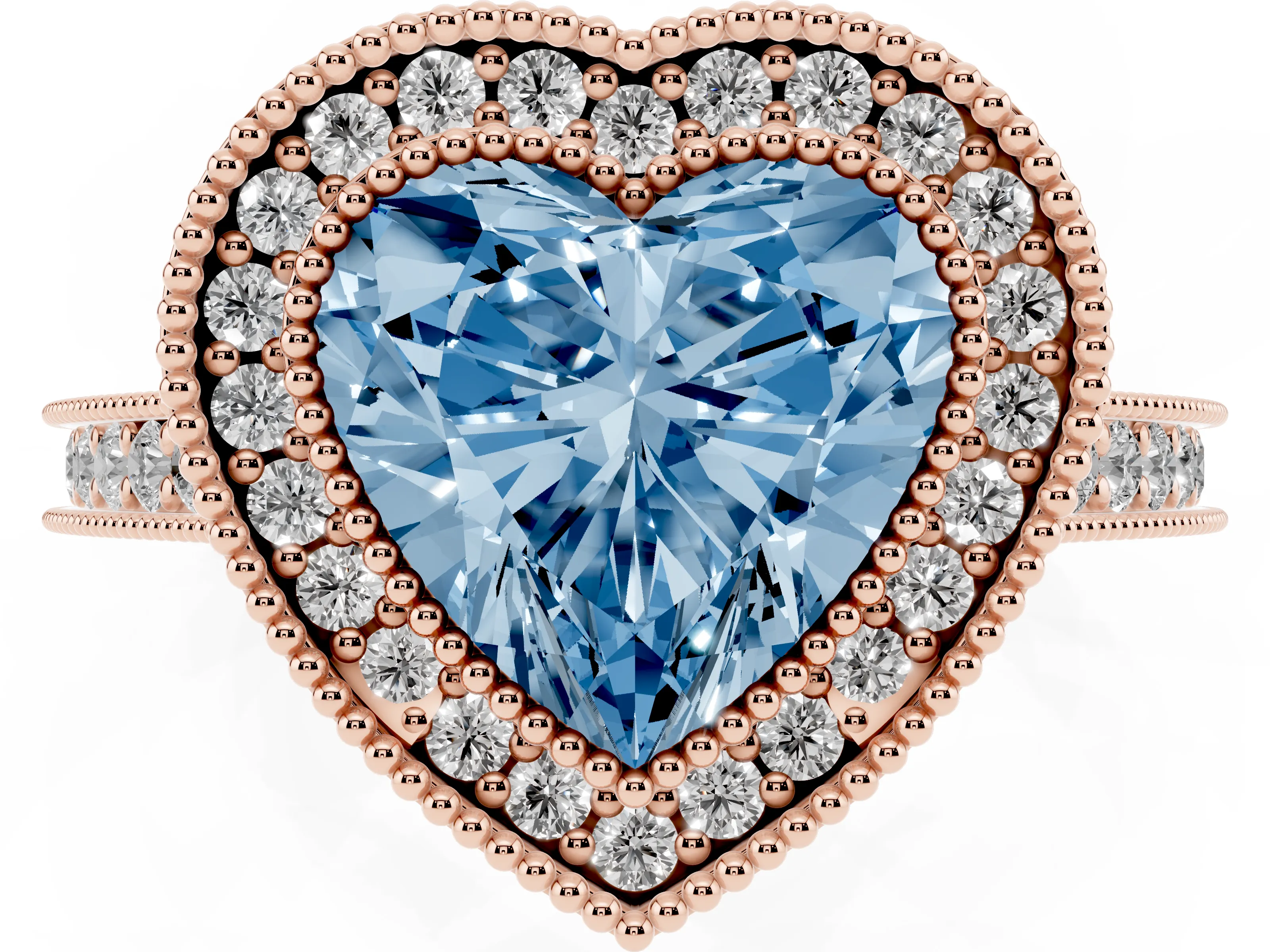 Fancy Blue Heart Cut Diamond Halo Milgrain Pavé Band Ring Set in Rose gold with Prong Setting