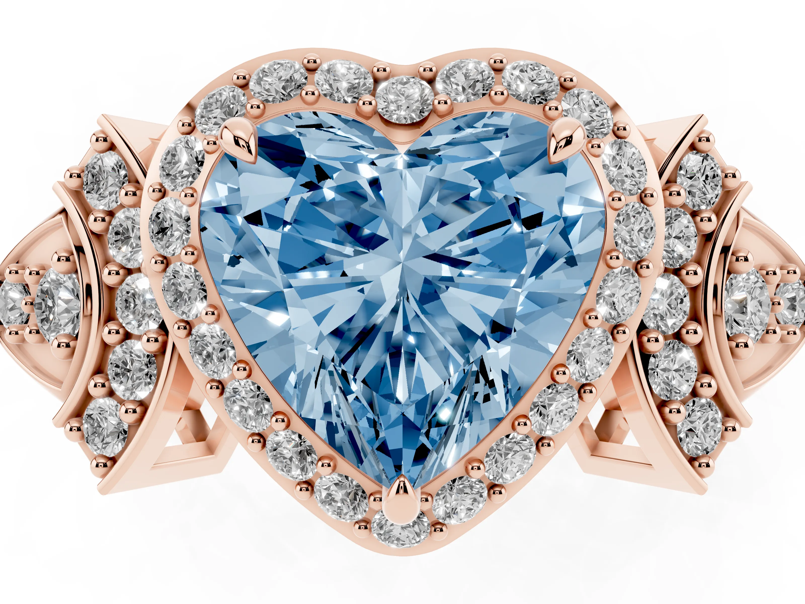 Fancy Blue Heart Cut Diamond Halo Engagement Ring Set in Rose gold with Accent Stone Split Shank