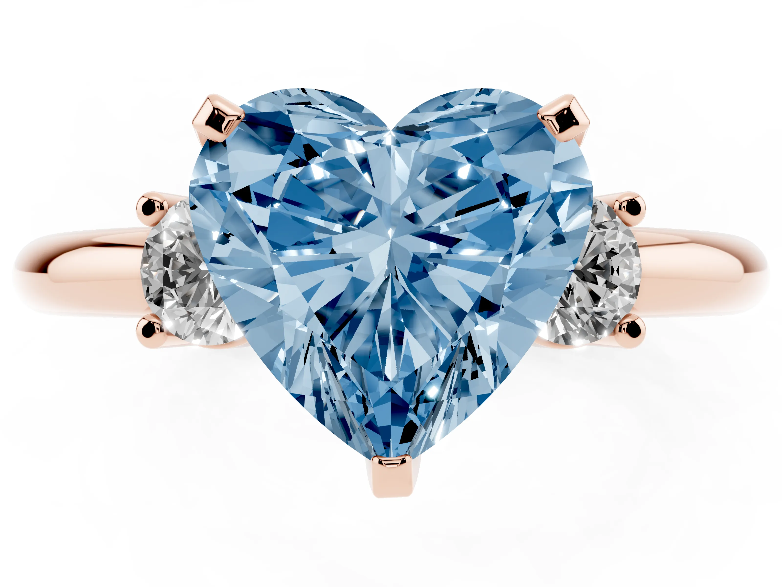Fancy Blue Three-Stone Heart Cut Diamond Ring Set in Rose gold with Prong Setting and Plain Band