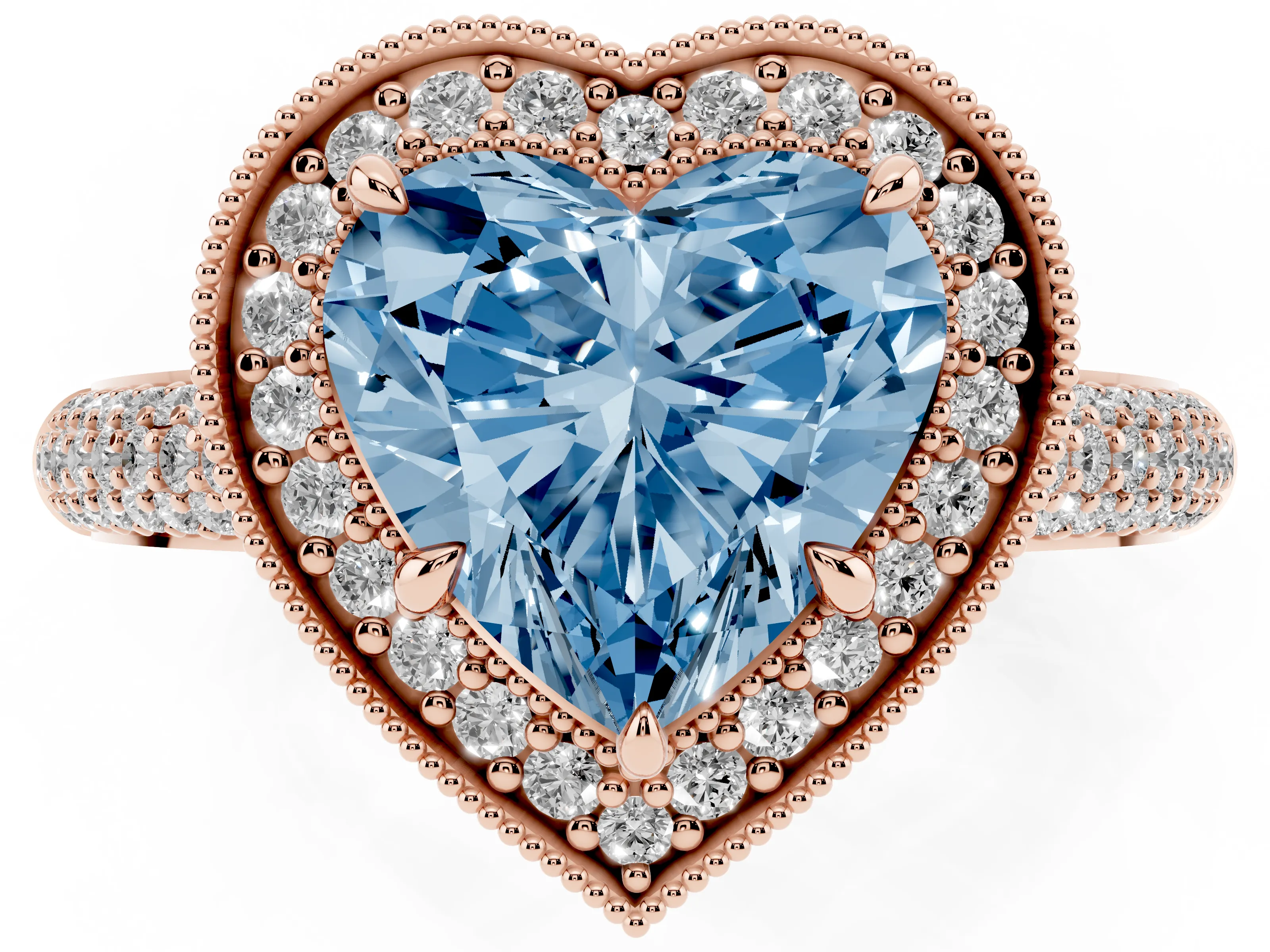 Fancy Blue Heart Cut Diamond Halo Pavé Band Set in Rose gold with Prong Setting