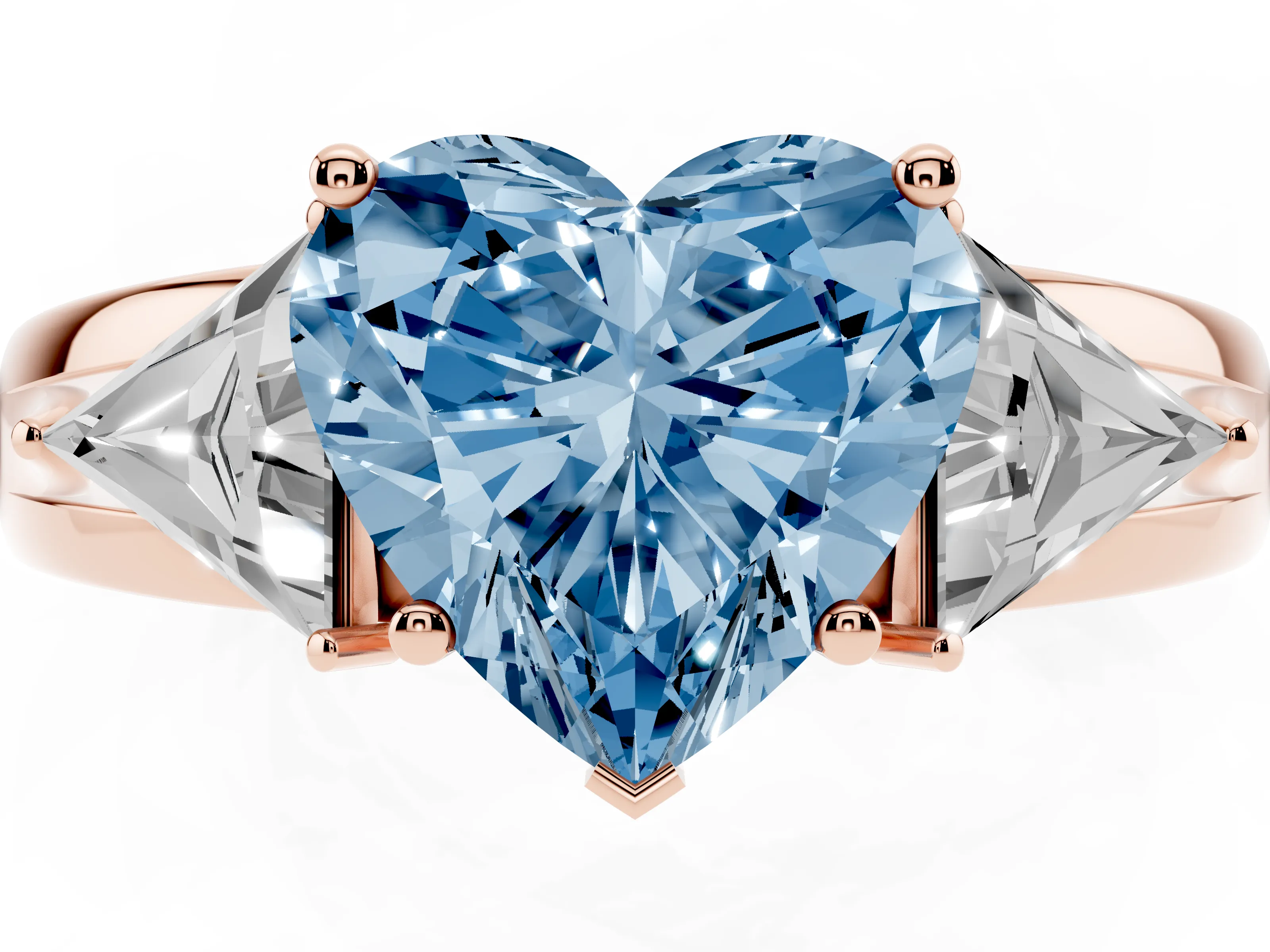 Fancy Blue Heart Cut Diamond Three-Stone Ring Set in Rose gold with Trillion Side Stones and Split Shank