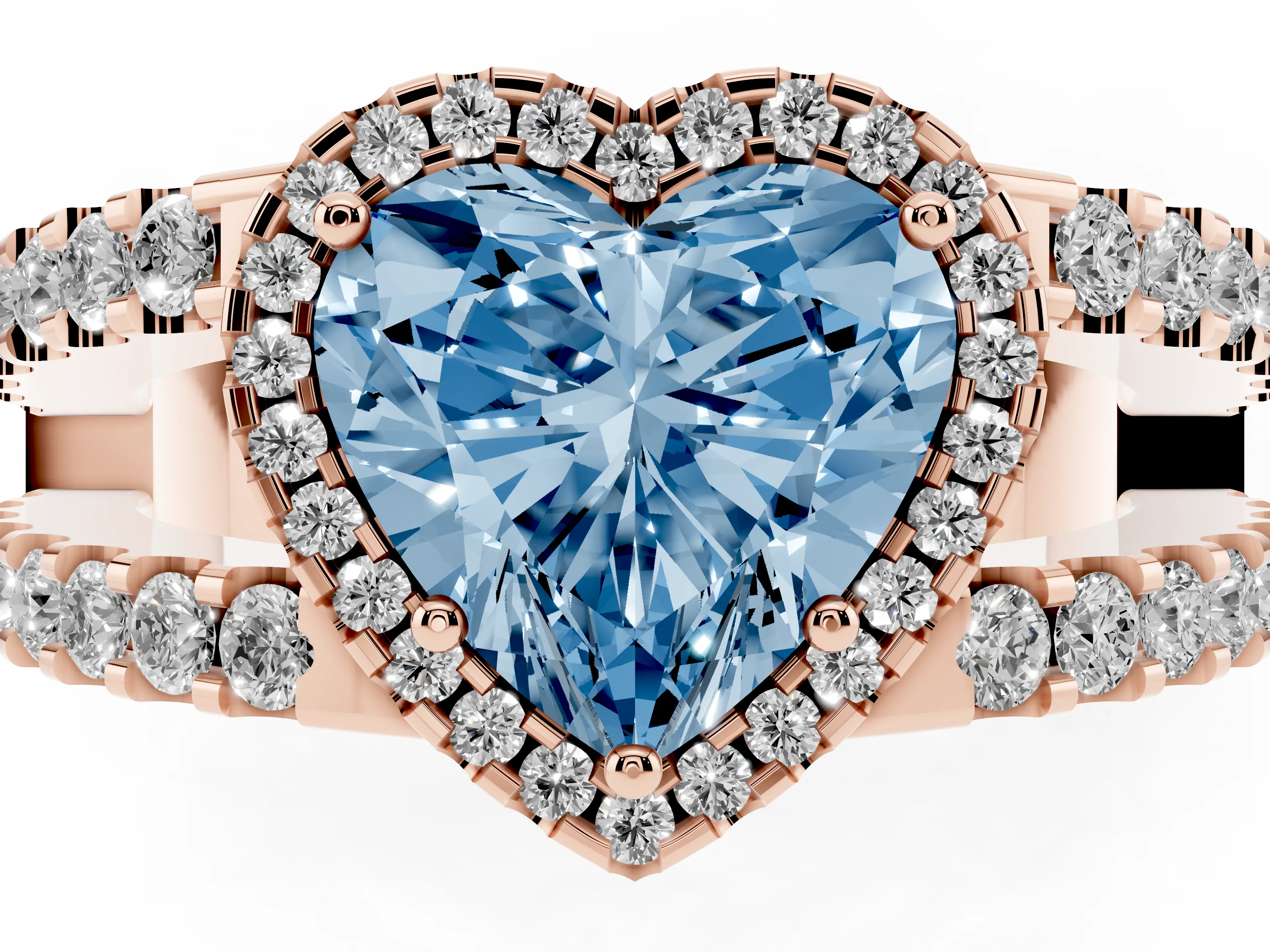 Fancy Blue Heart Cut Diamond Halo Ring Set in Rose gold with Pavé Split Shank and Prong Setting