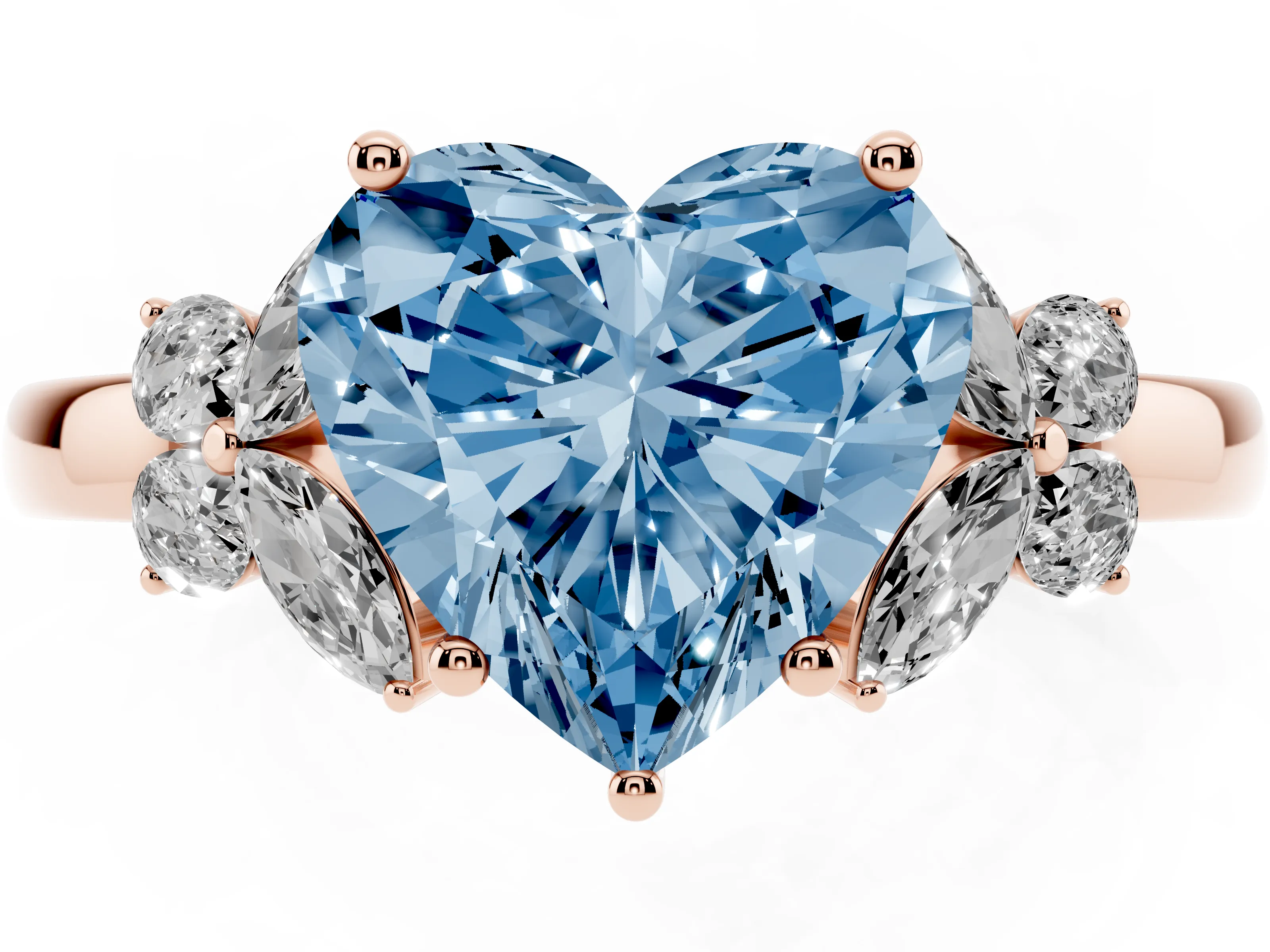Fancy Blue Heart Cut Diamond Solitaire Floral Ring Set in Rose gold with Marquise Petals and Prong Setting