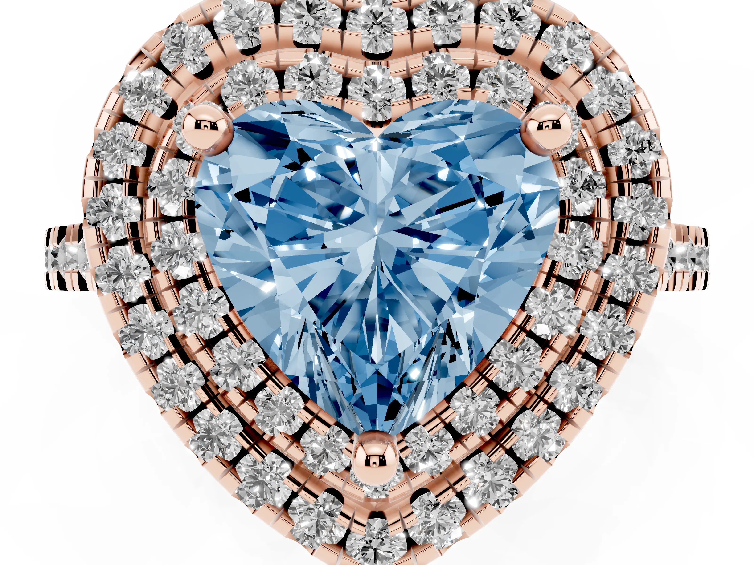Fancy Blue Heart Cut Diamond Double Halo Statement Ring Set in Rose gold with Pavé Band