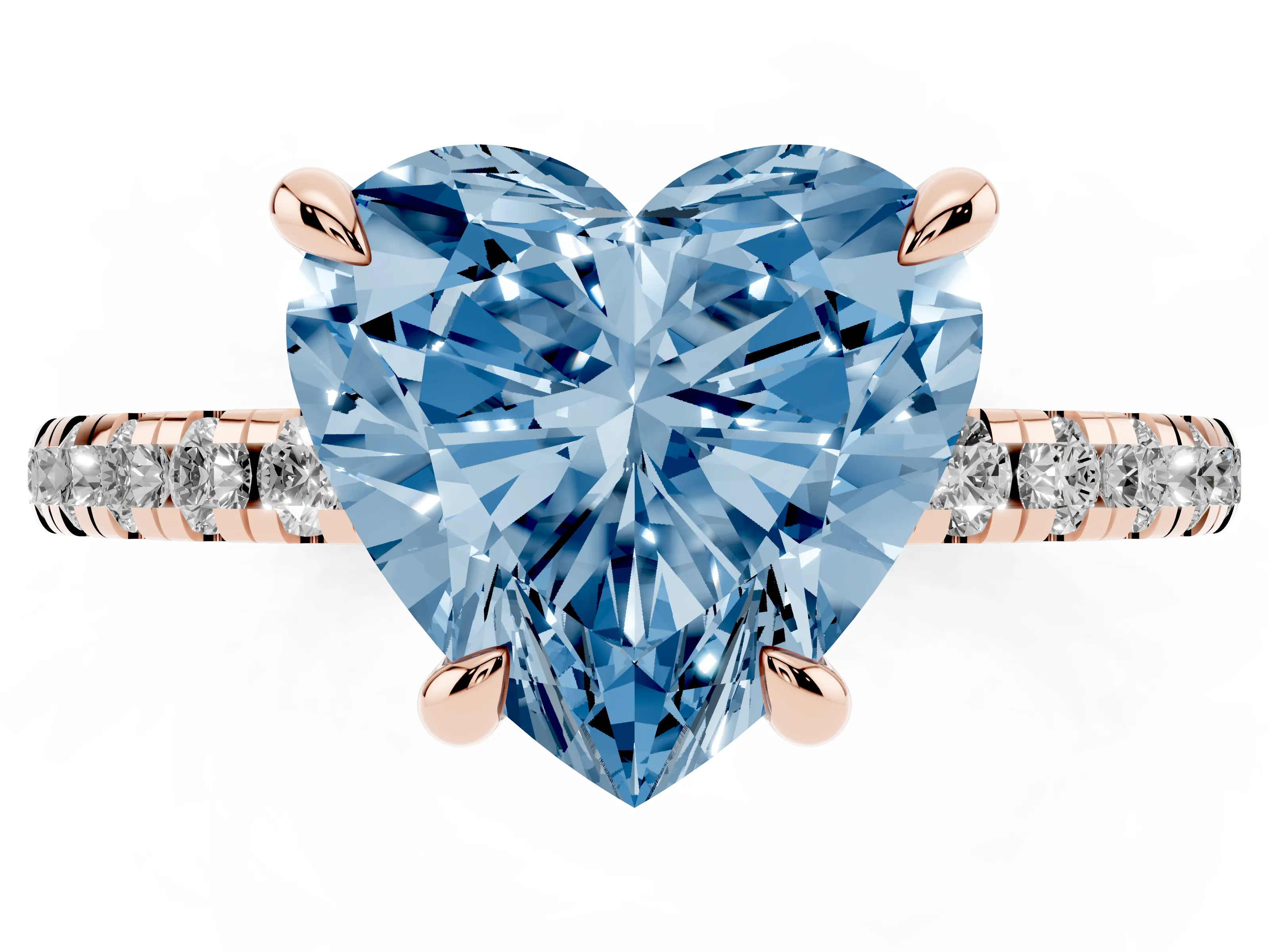 Fancy Blue Heart Cut Diamond Brilliant Solitaire Ring Set in Rose gold with Pavé Band and Prong Setting