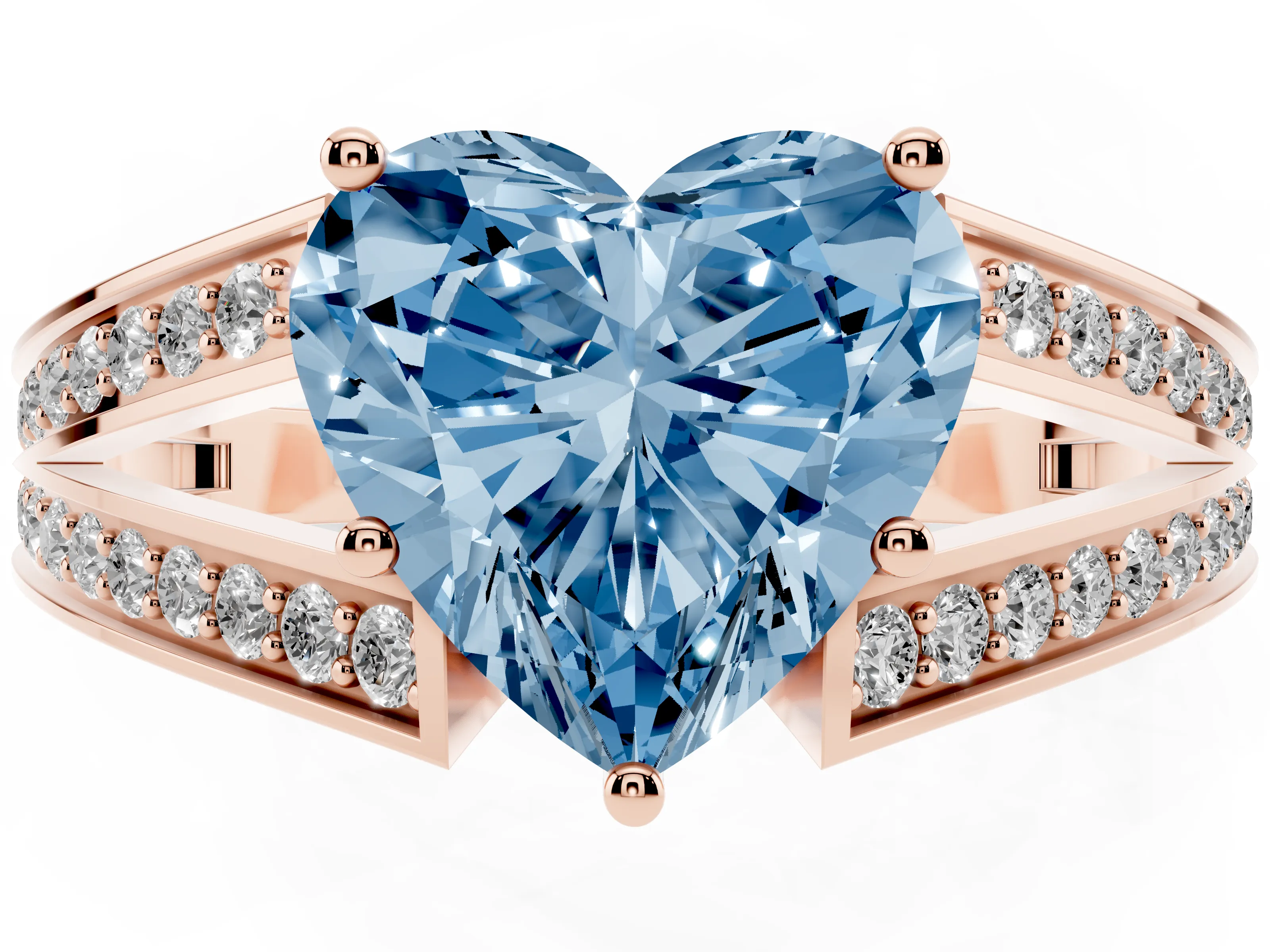 Fancy Blue Heart Cut Diamond Split Shank Ring Set in Rose gold with Pavé Band and Prong Setting