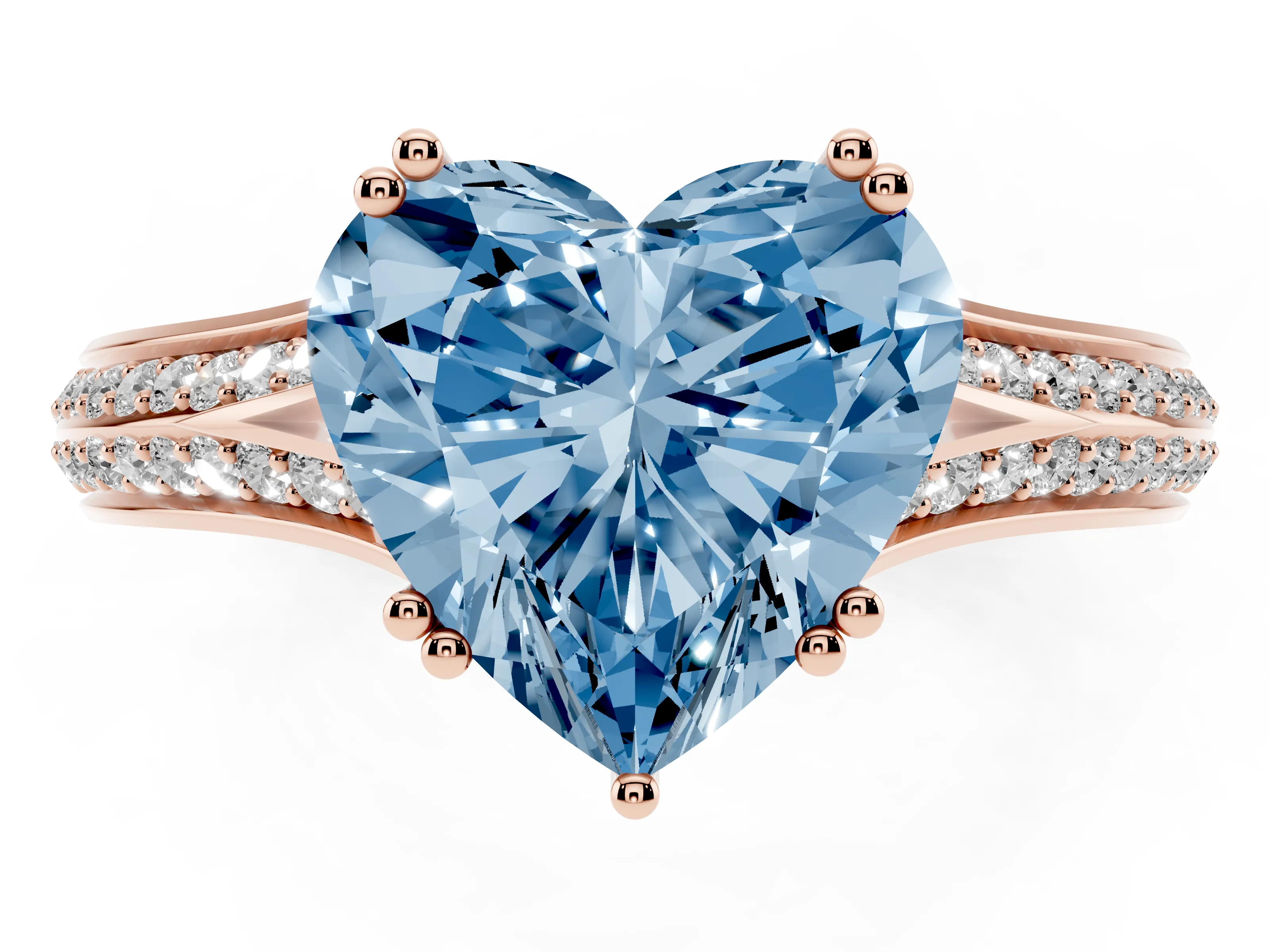 Fancy Blue Heart Cut Diamond Split Shank Pavé Engagement Ring Set in Rose gold with Prong-Set Center Stone