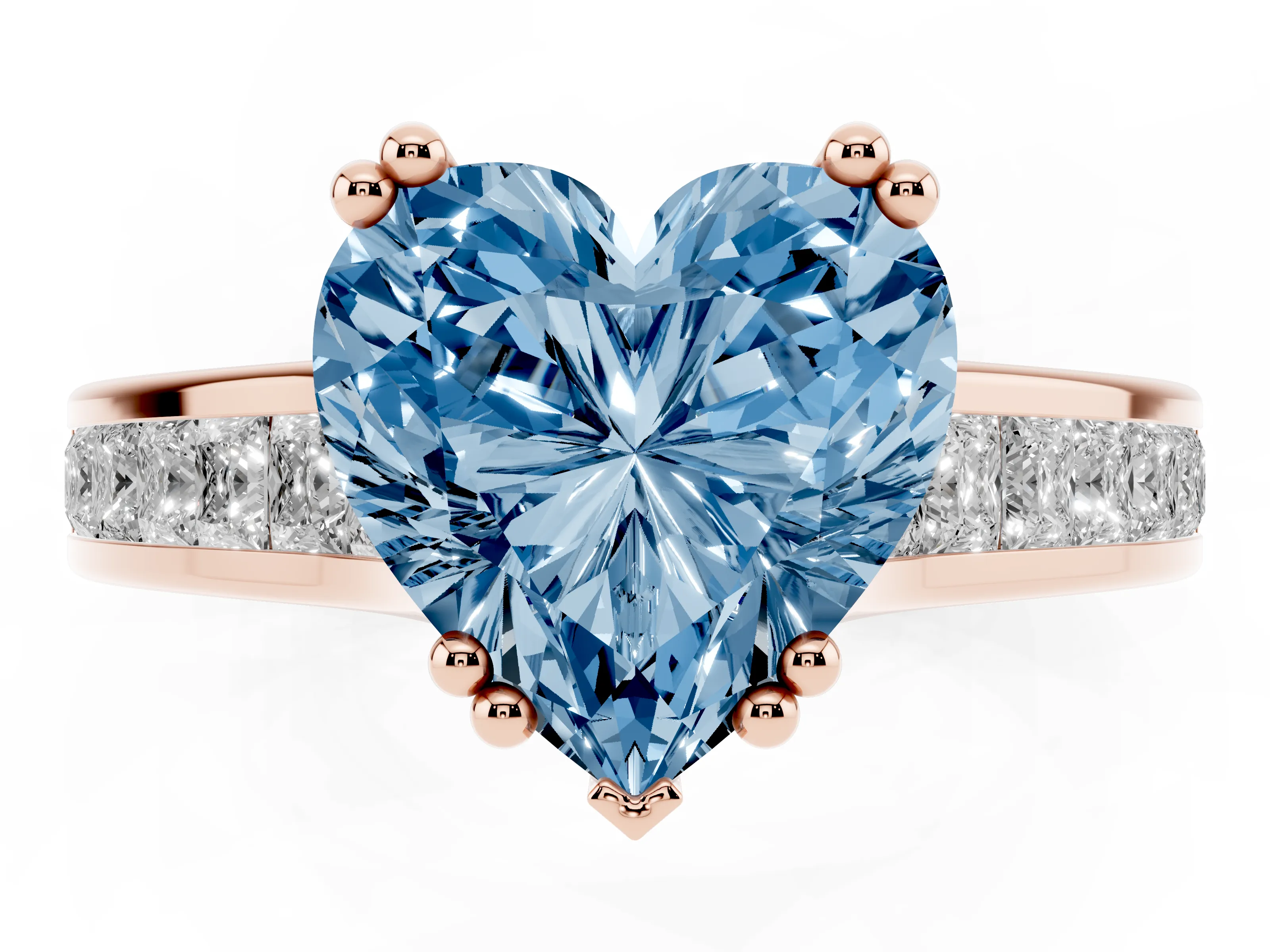 Fancy Blue Heart Cut Diamond Channel Set Solitaire Engagement Ring Set in Rose gold with Prong Setting