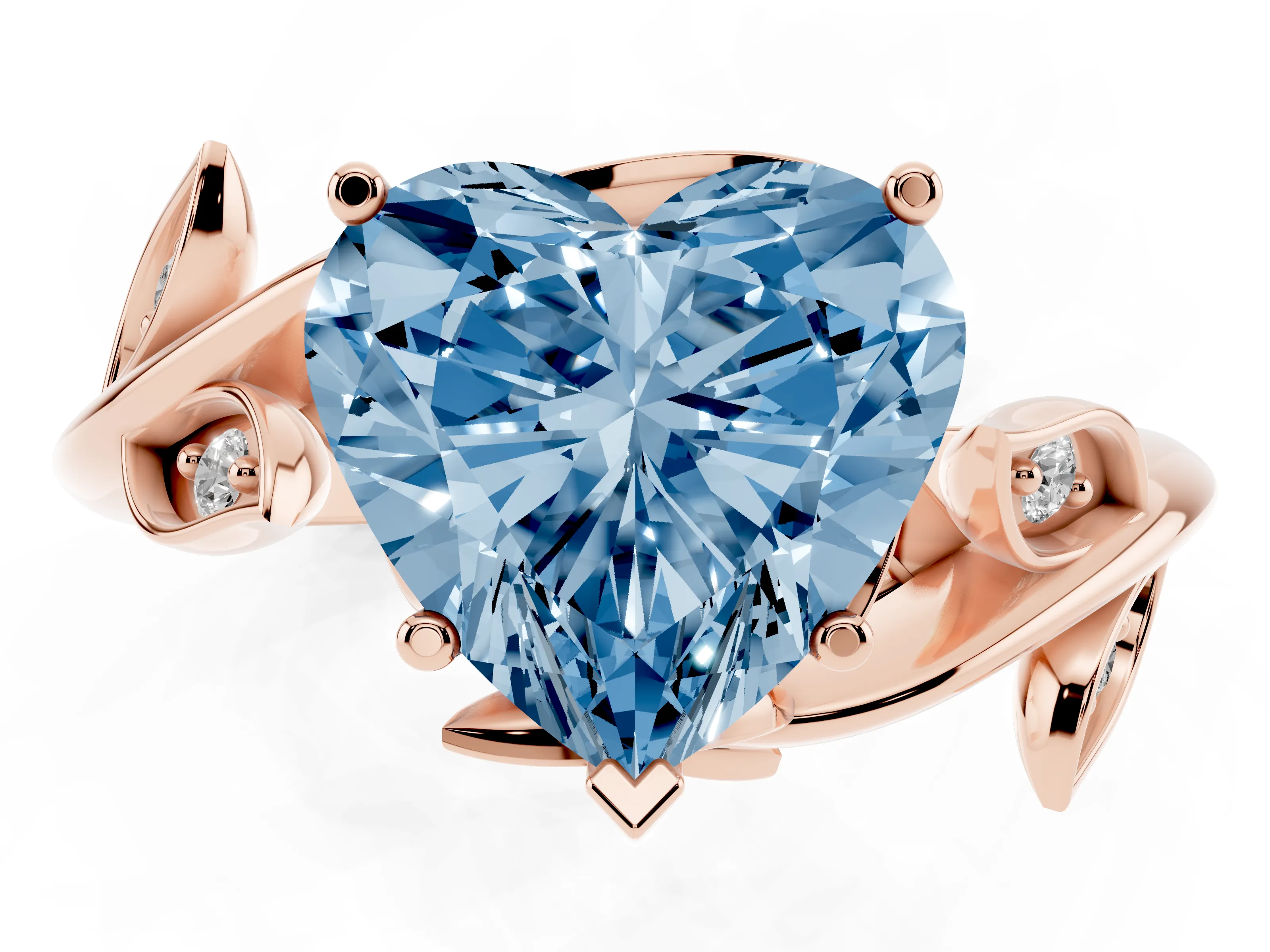 Fancy Blue Heart Cut Diamond Solitaire Twist Engagement Ring Set in Rose gold with Pavé Leaf Accents