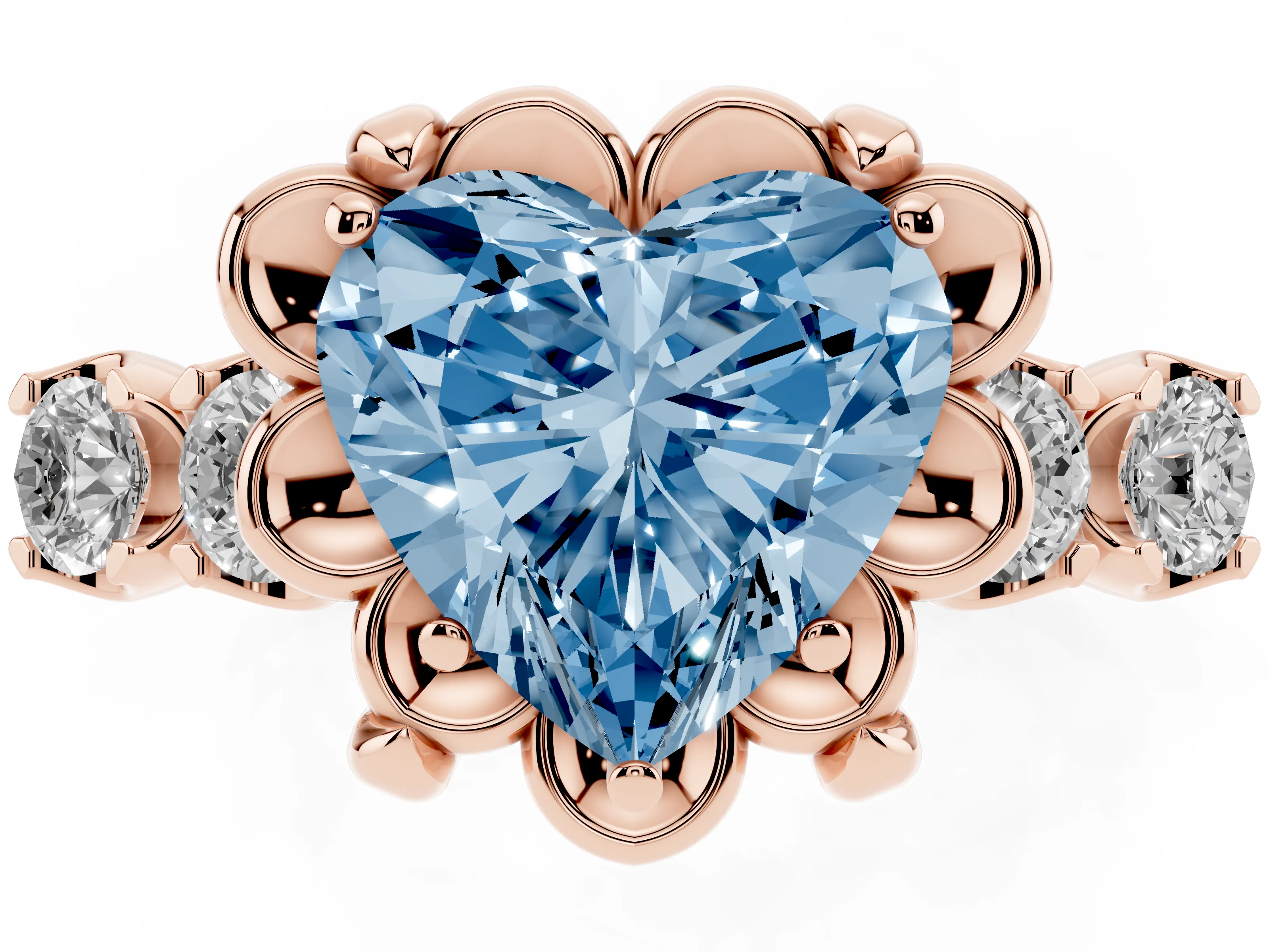 Fancy Blue Heart Cut Diamond Floral Halo Ring Set in Rose gold with Shared Prong Band