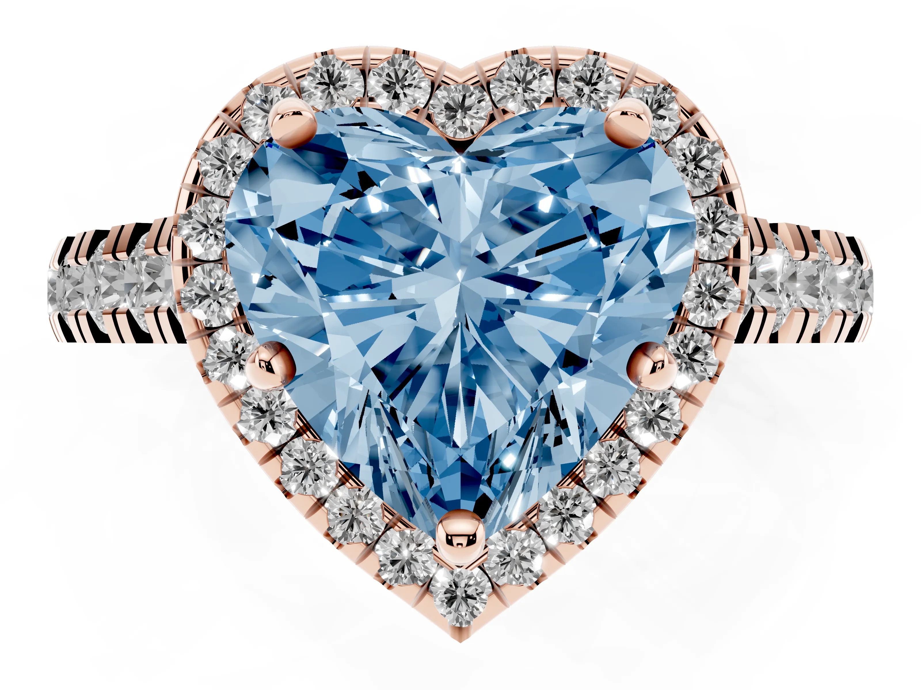 Fancy Blue Heart Cut Diamond Halo Engagement Ring Set in Rose gold with Pavé Band and Prong-Set Center