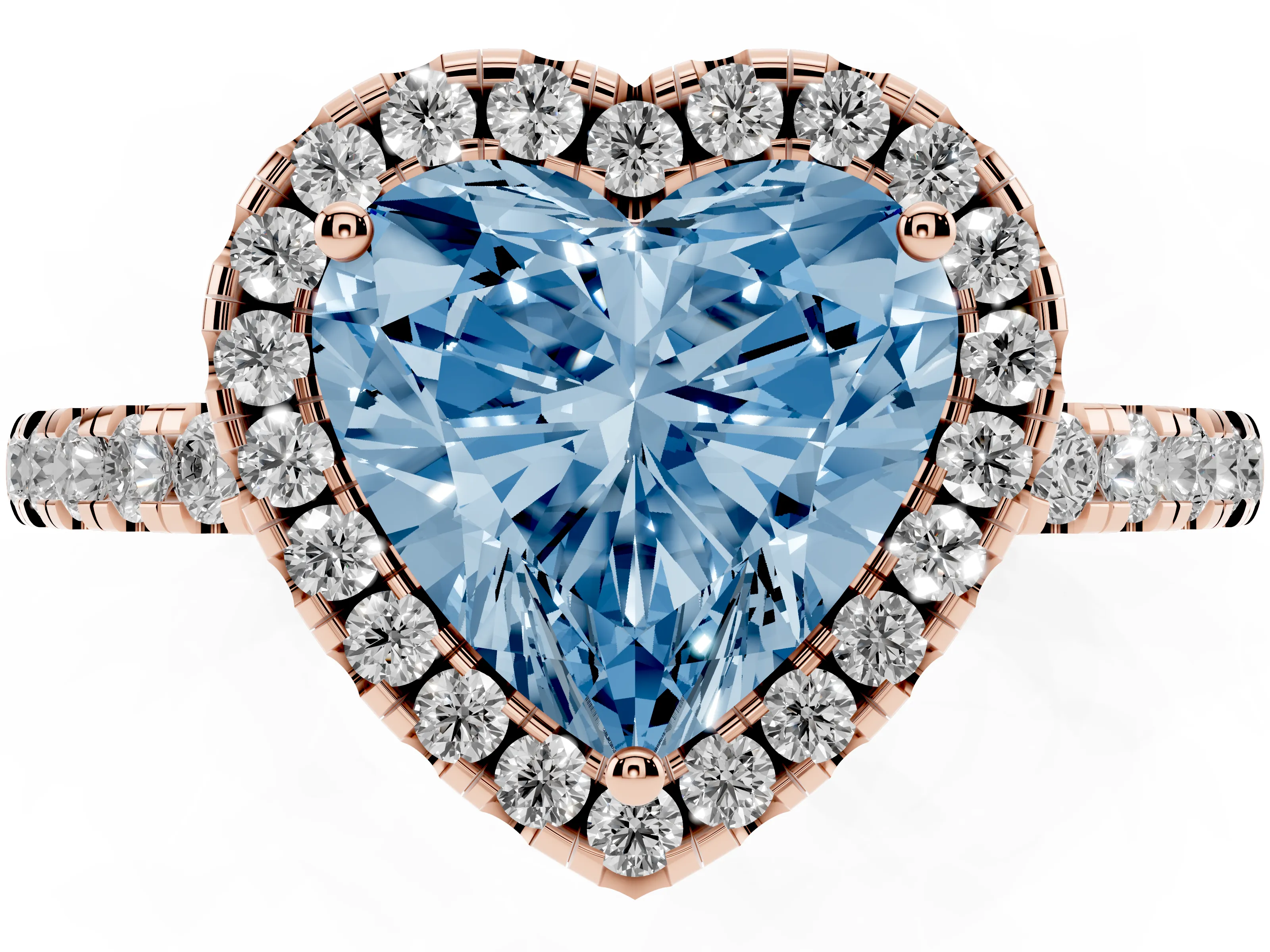 Fancy Blue Heart Cut Diamond Pavé Band Halo Engagement Ring Set in Rose gold with Prong Setting