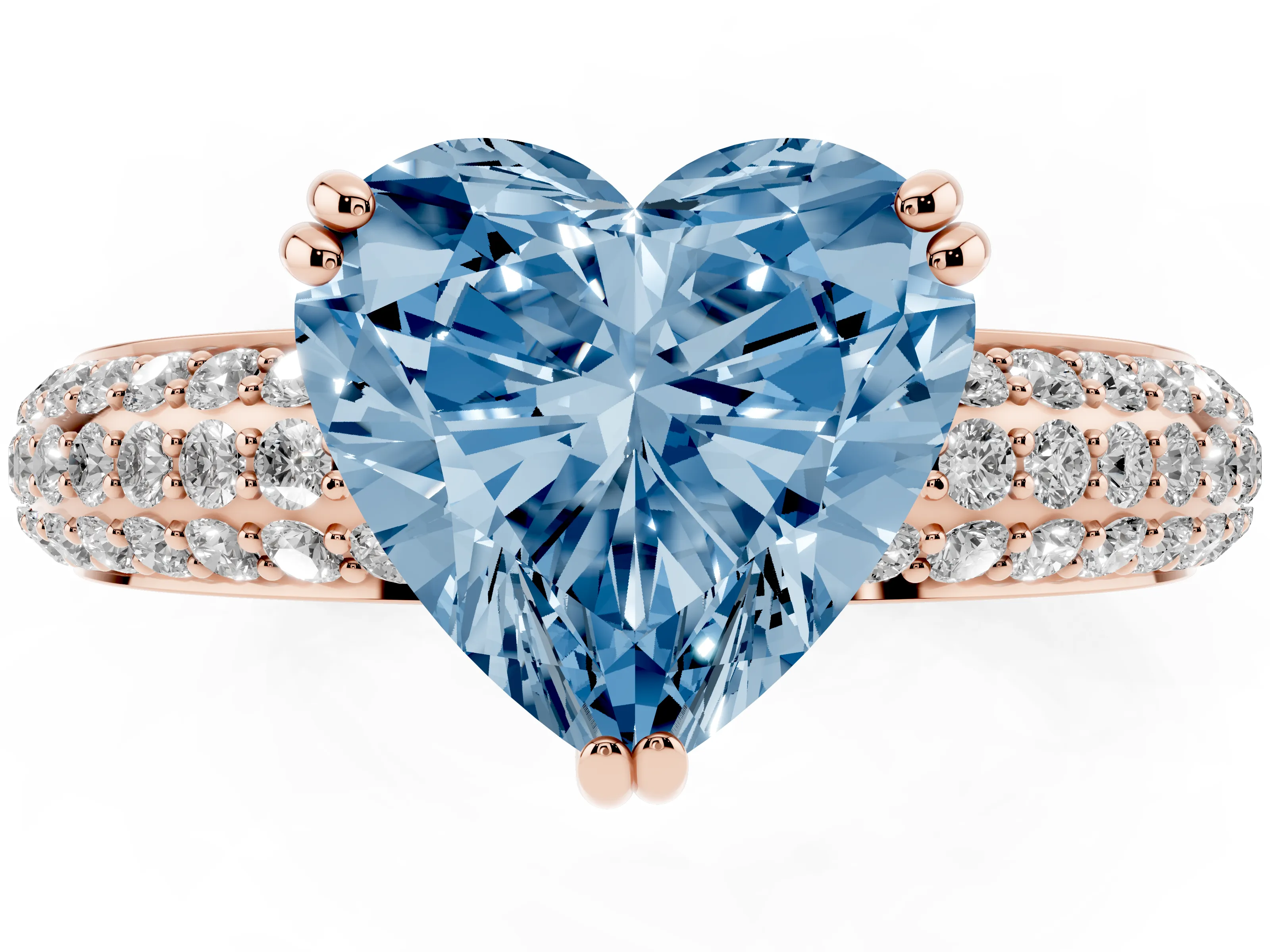 Fancy Blue Heart Cut Diamond Solitaire Ring Set in Rose gold with Multi-Row Round Pavé Band and Prong Setting