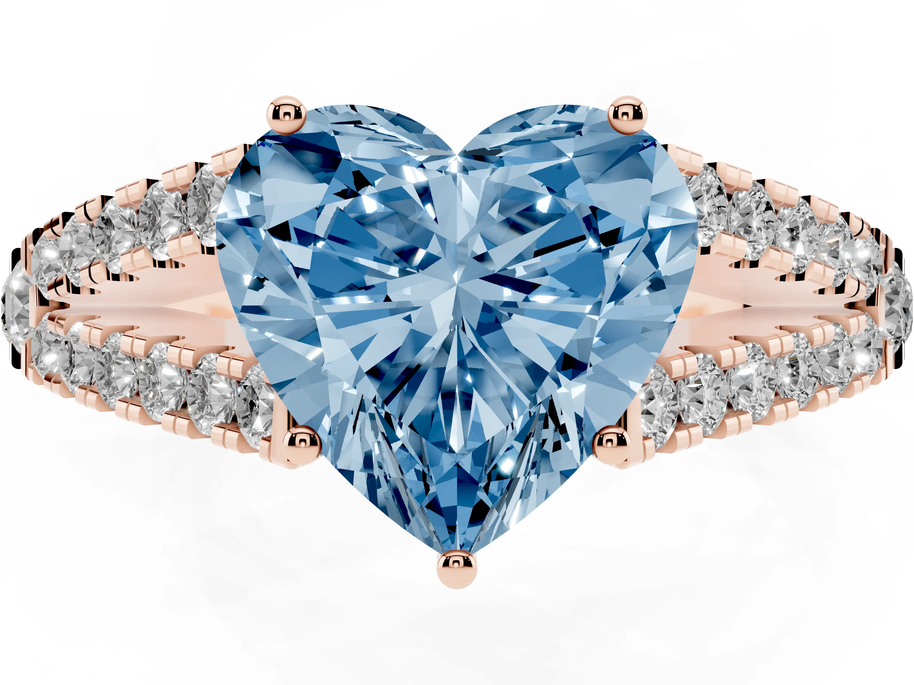 Fancy Blue Heart Cut Diamond Split Shank Pavé Engagement Ring Set in Rose gold with Prong-Held Center Stone